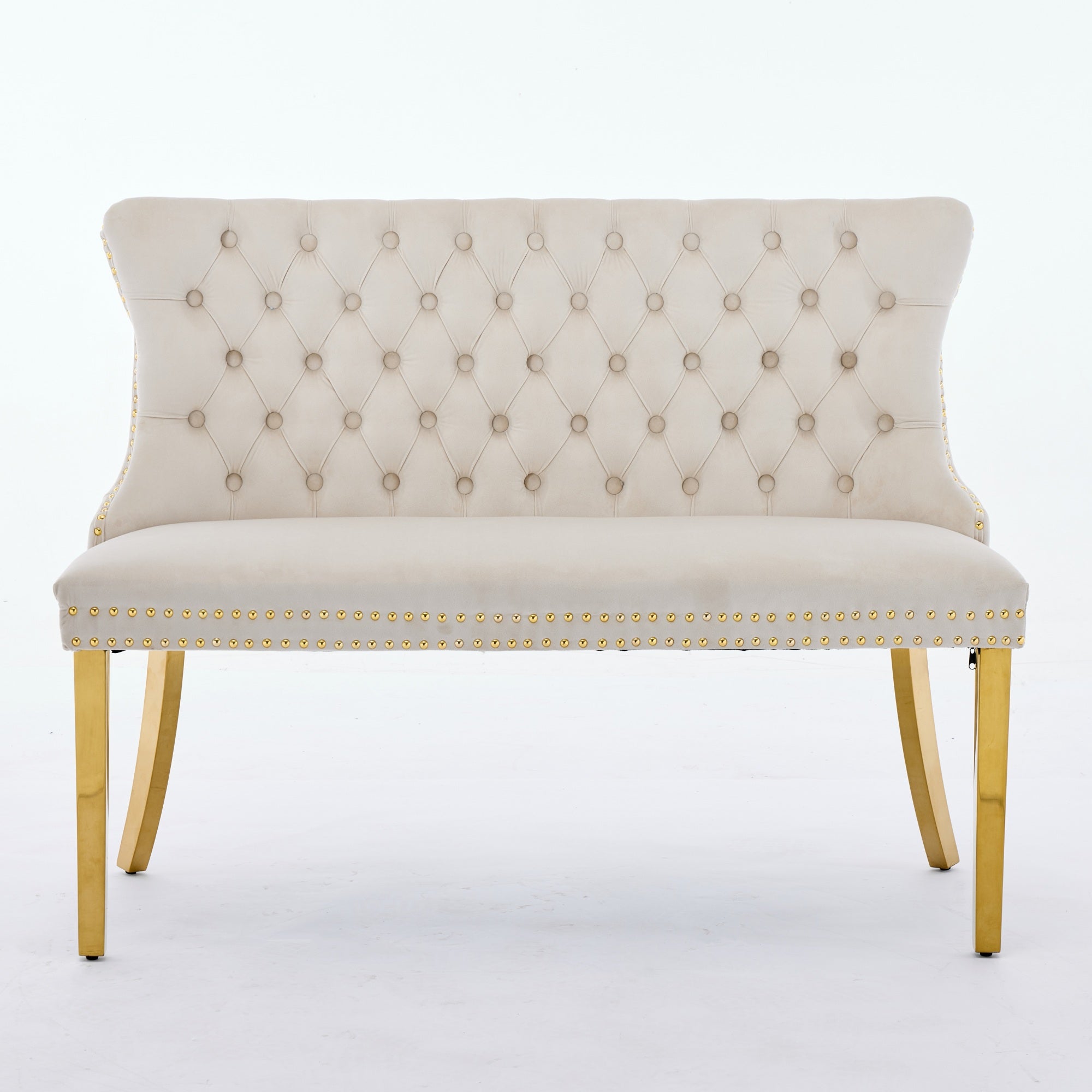 Velvet Double Dining Loveseat Bench, 2-Seat Tufted Wing Back Gold-Plated Steel Legs, Beige Velvet