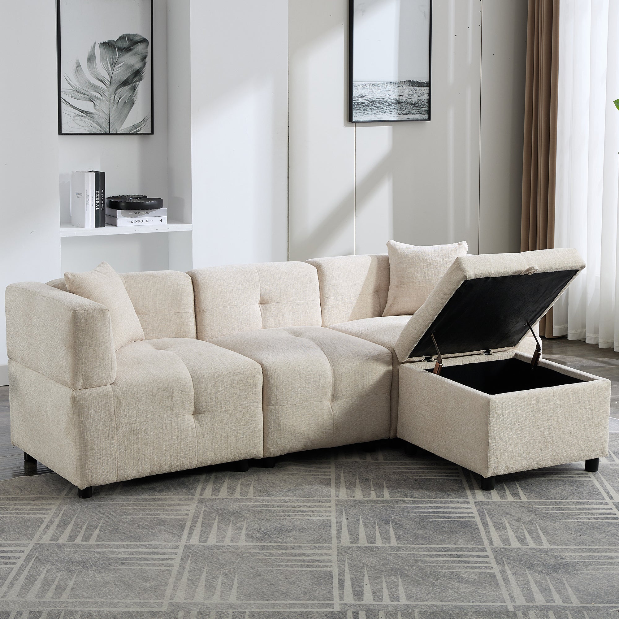 Sectional Sofa Couch 80" with Removable Storage Ottoman & 2 Pillows, L-Shaped Fabric, Beige