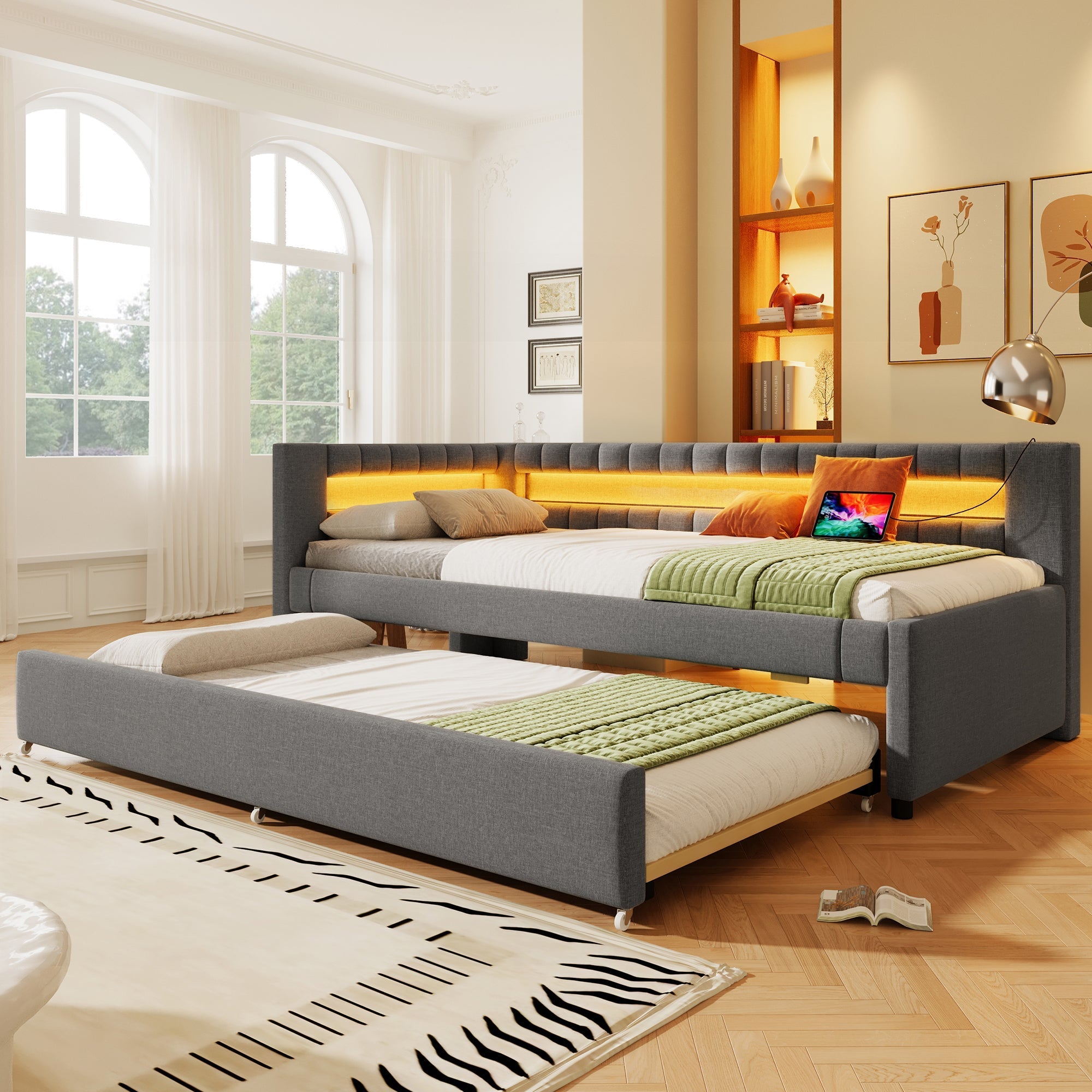 Daybed Sofa Bed 90x200cm Pull-out Bed LED Light USB/Type-C - Linen Grey