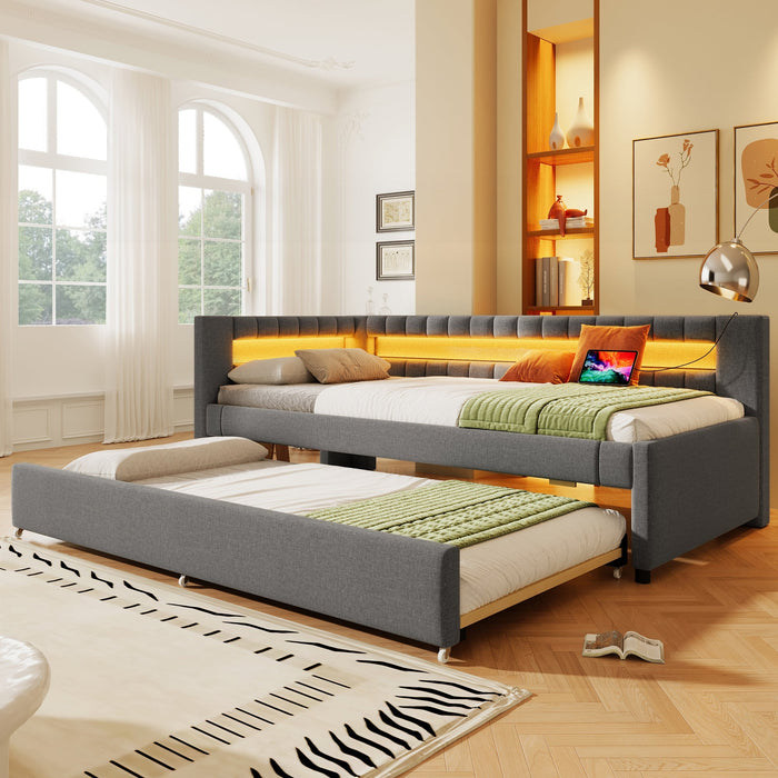 Daybed Sofa Bed 90x200cm Pull-out Bed LED Light USB/Type-C - Linen Grey