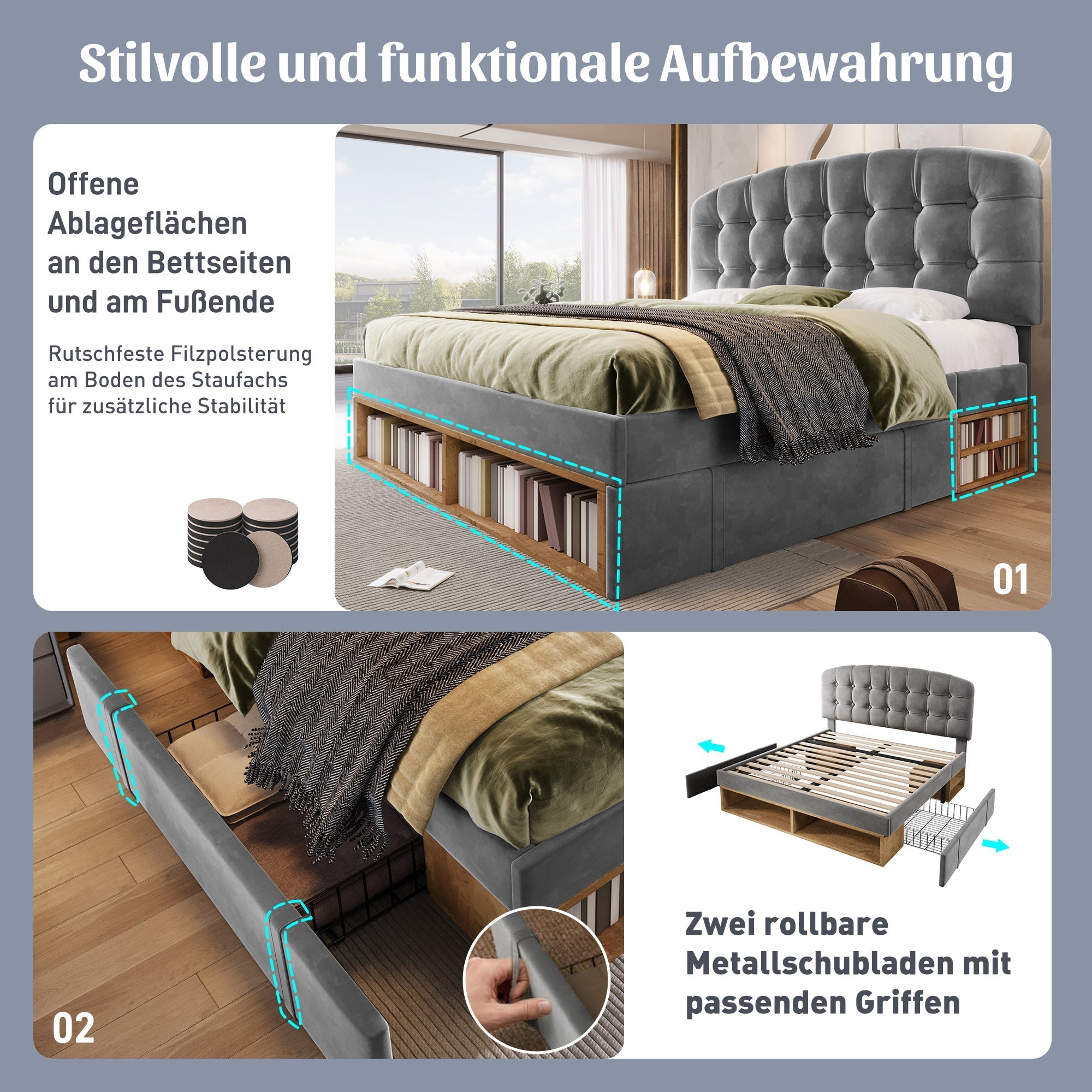 Upholstered Double Bed with Drawers, Storage and Adjustable Headboard, 140x190cm, Grey Velvet