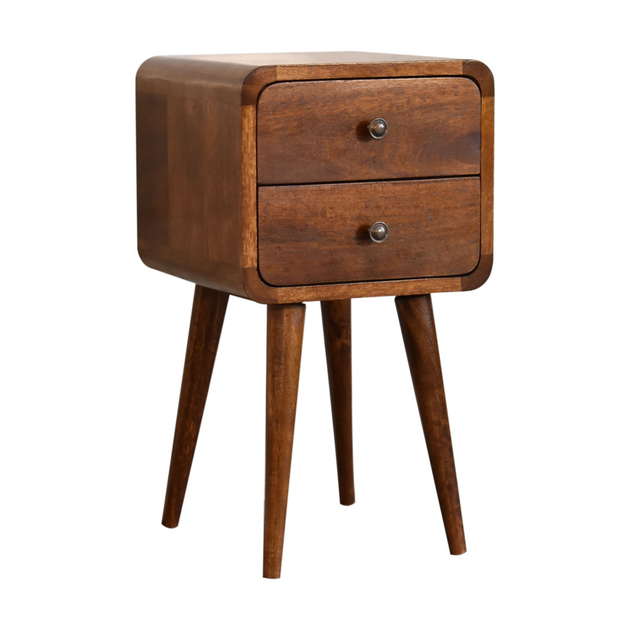 Solid Wood Bedside, Mini Curved 2 Drawers, Dark Brown