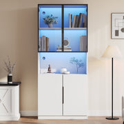 Display Cabinet, Glass Doors LED Lights Bookshelf, White