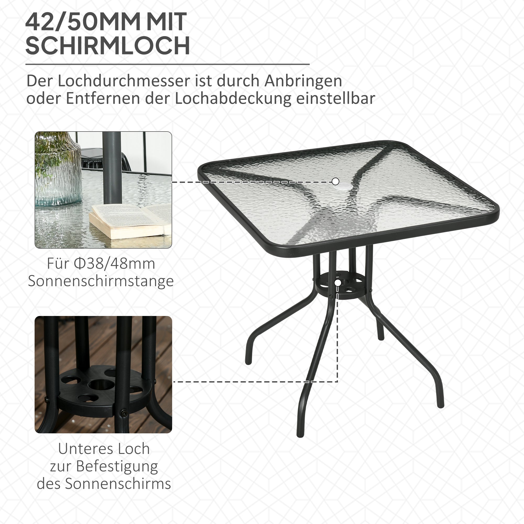 Garden Table Detachable 76x76cm Square Weatherproof with Parasol Hole, Metal Black
