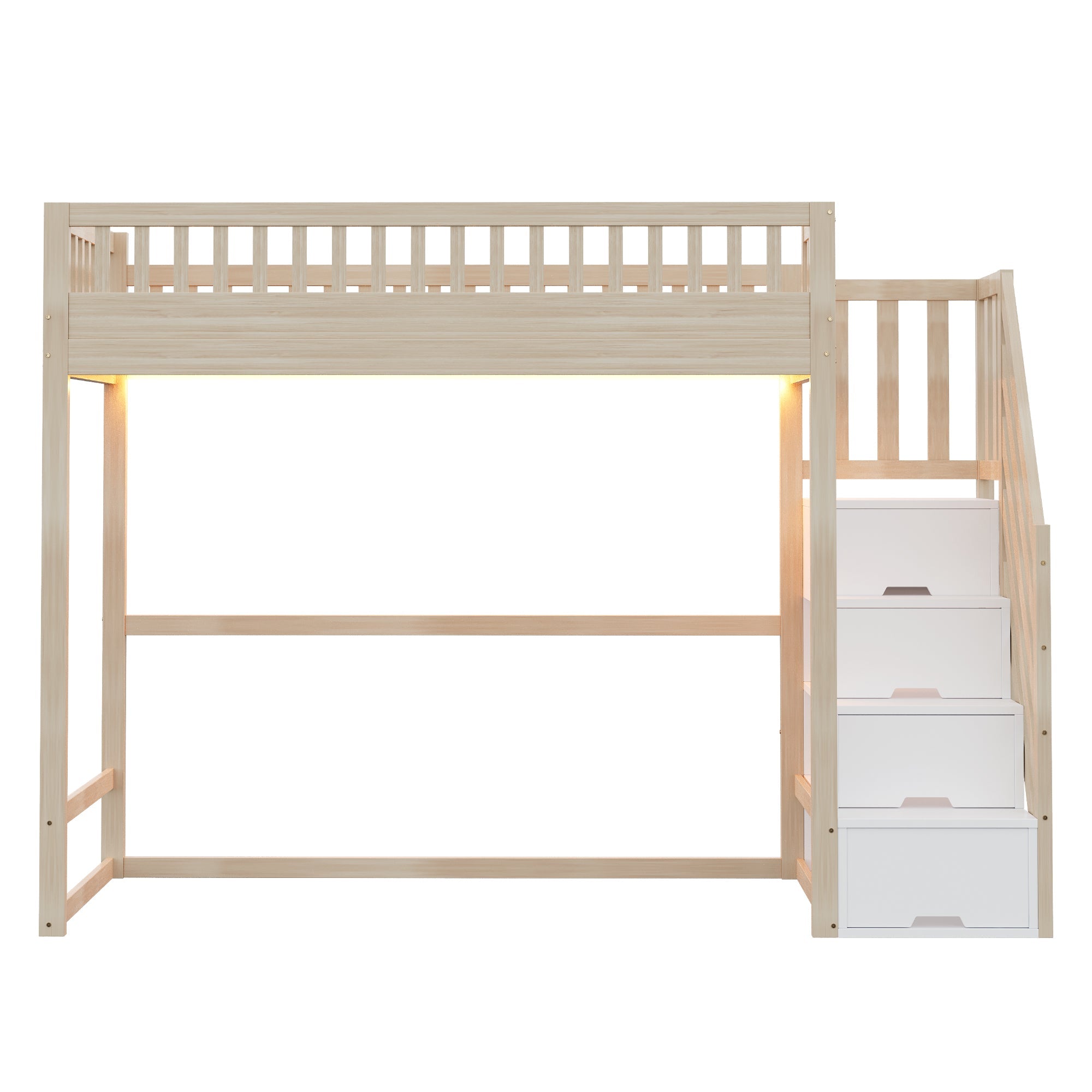 Loft Bed with Safety Railing, LED Light Strip and Interchangeable Ladder, 90x200cm, Natural Pine Wood