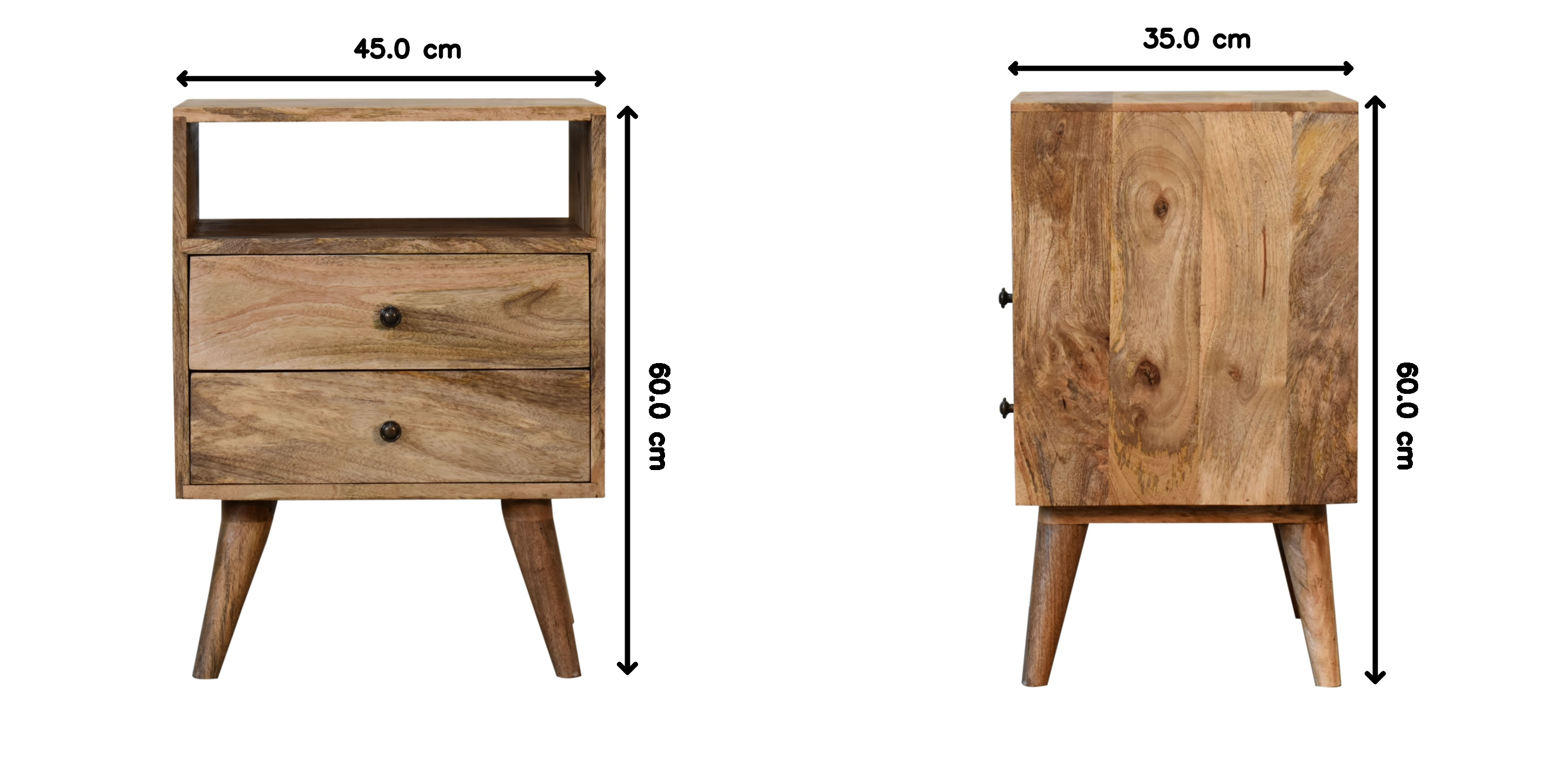 Classic Bedside: 2 Drawers, 1 Open Slot - Solid Wood Brown