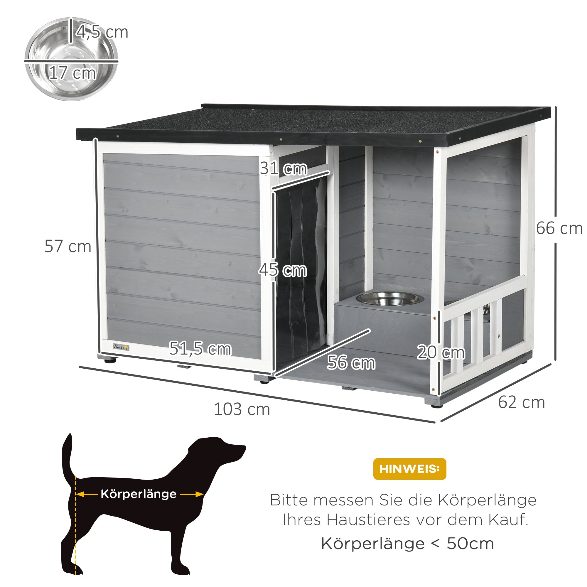 Dog House with Terrace, Fir Wood, Weather-Resistant, 2 Bowls, Asphalt Roof, Grey