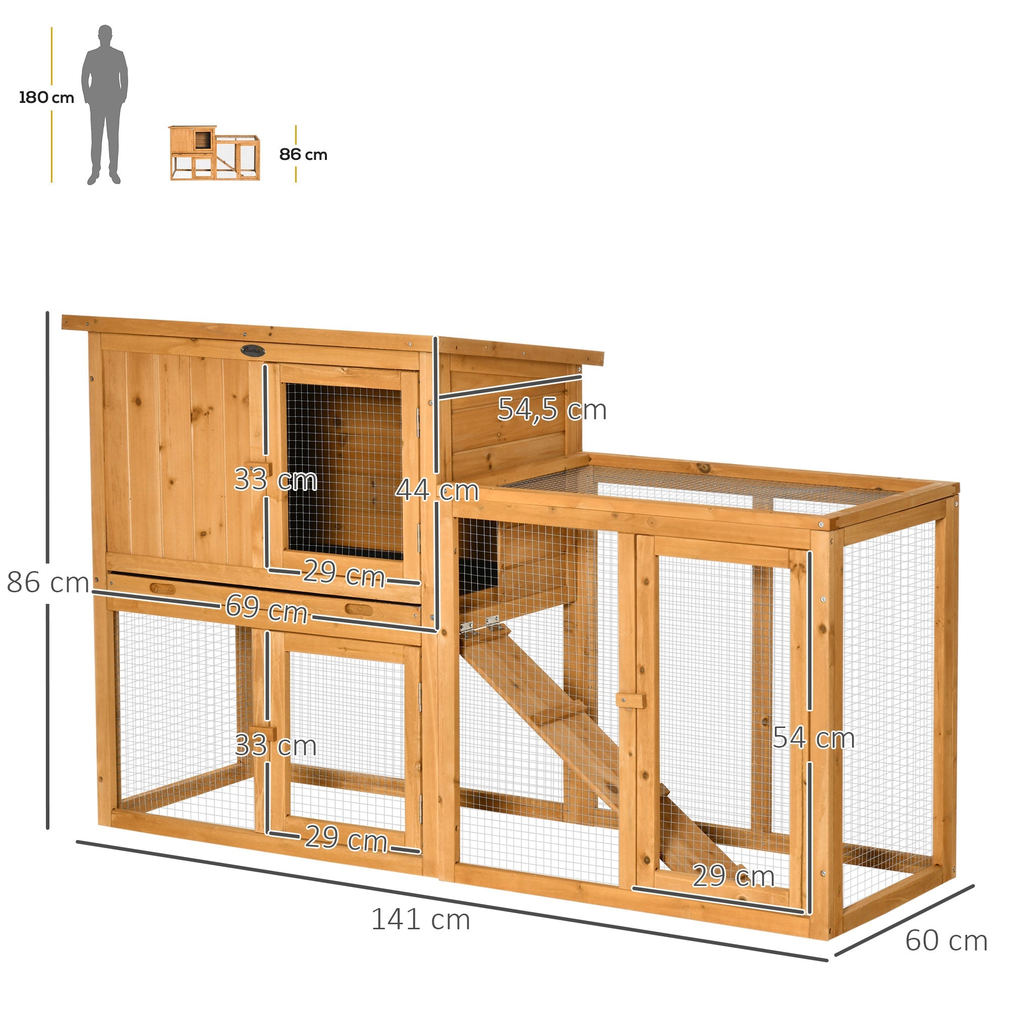 Rabbit Hutch, Removable Tray, Ramp, Fir Wood, Orange