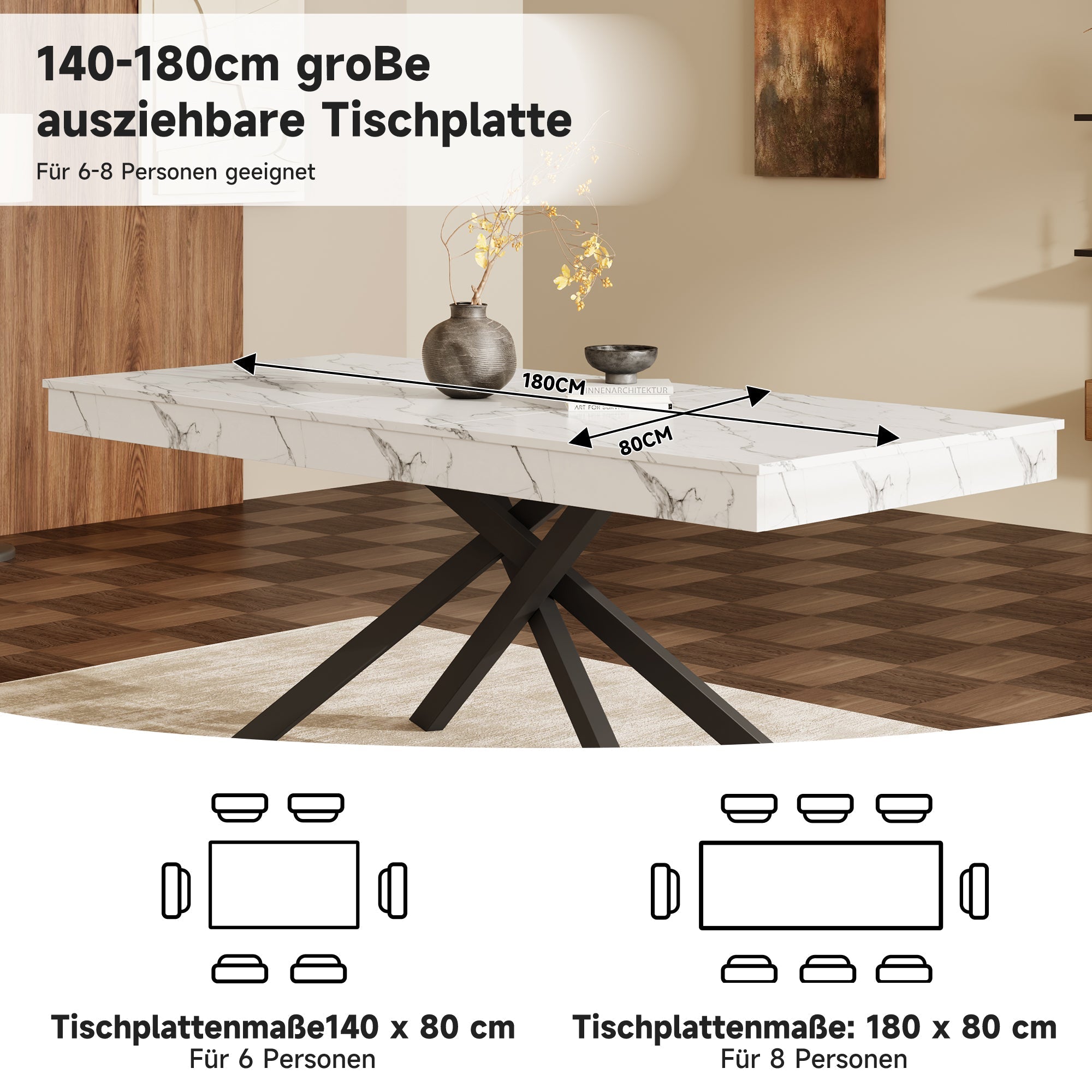 Extendable Dining Table 140/180x80cm Rectangular 6-8 Seater Metal Legs - White