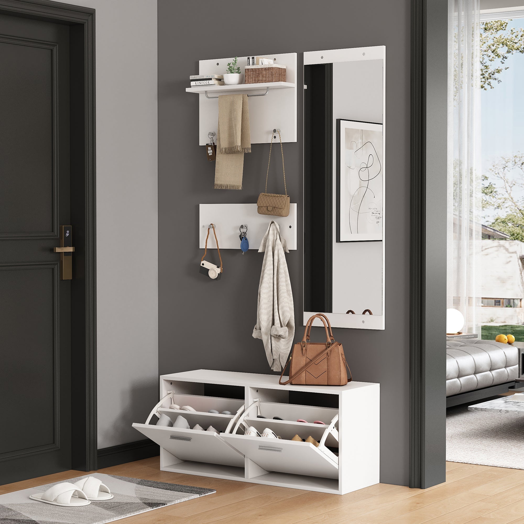4-Piece Wardrobe Set, 90x30x41.5cm Mirror Hat Shelf Shoe Cabinet 6 Hooks, White