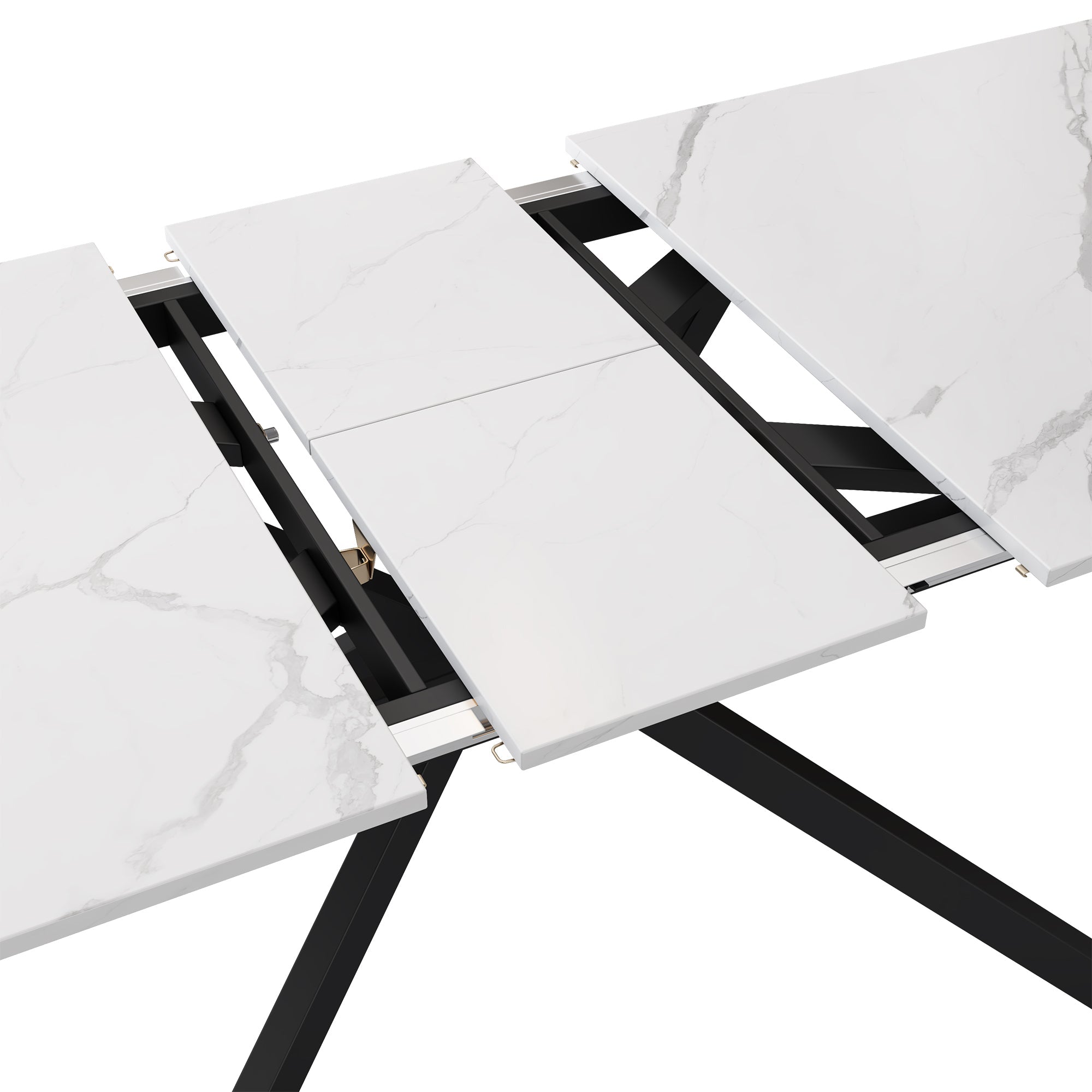 Extendable Dining Table with Automatic Extension and Cross Leg Design, Black and White Marble Look