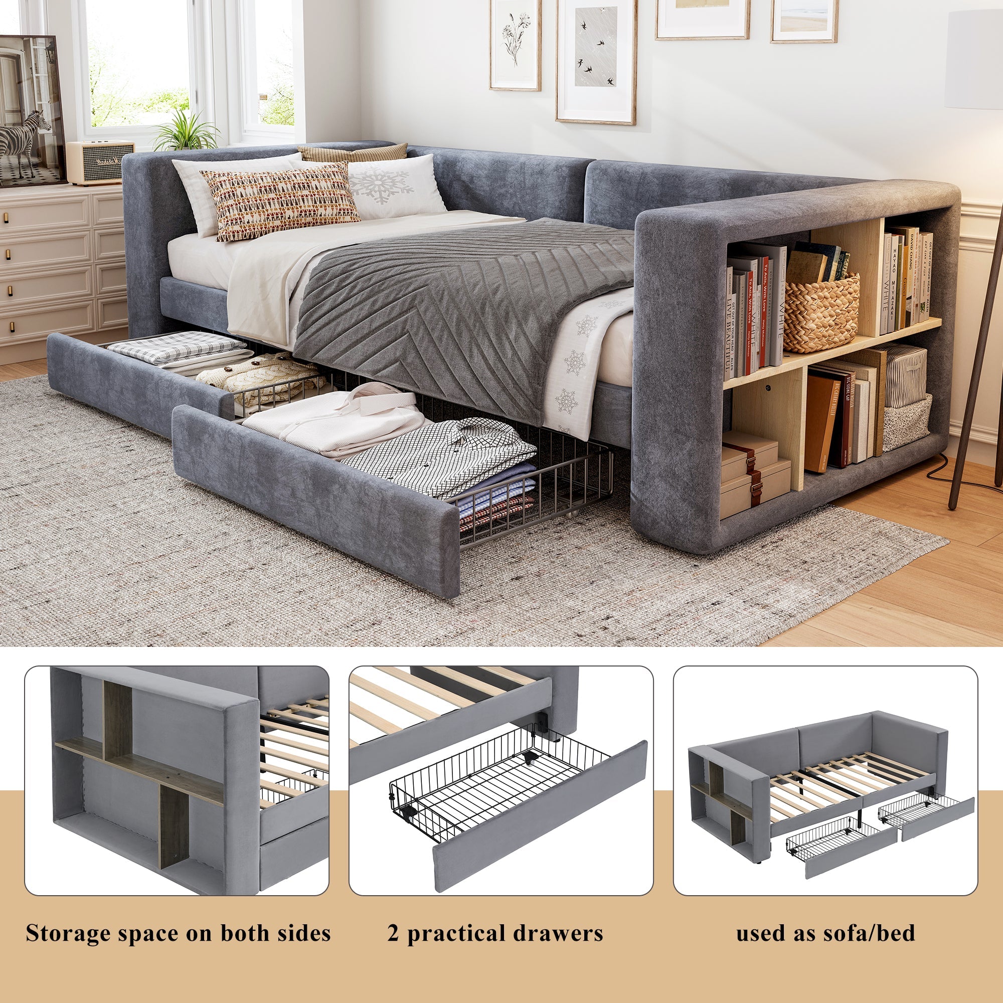 Upholstered Bed, 3FT Single 90x190cm Daybed with Storage, Velvet Grey