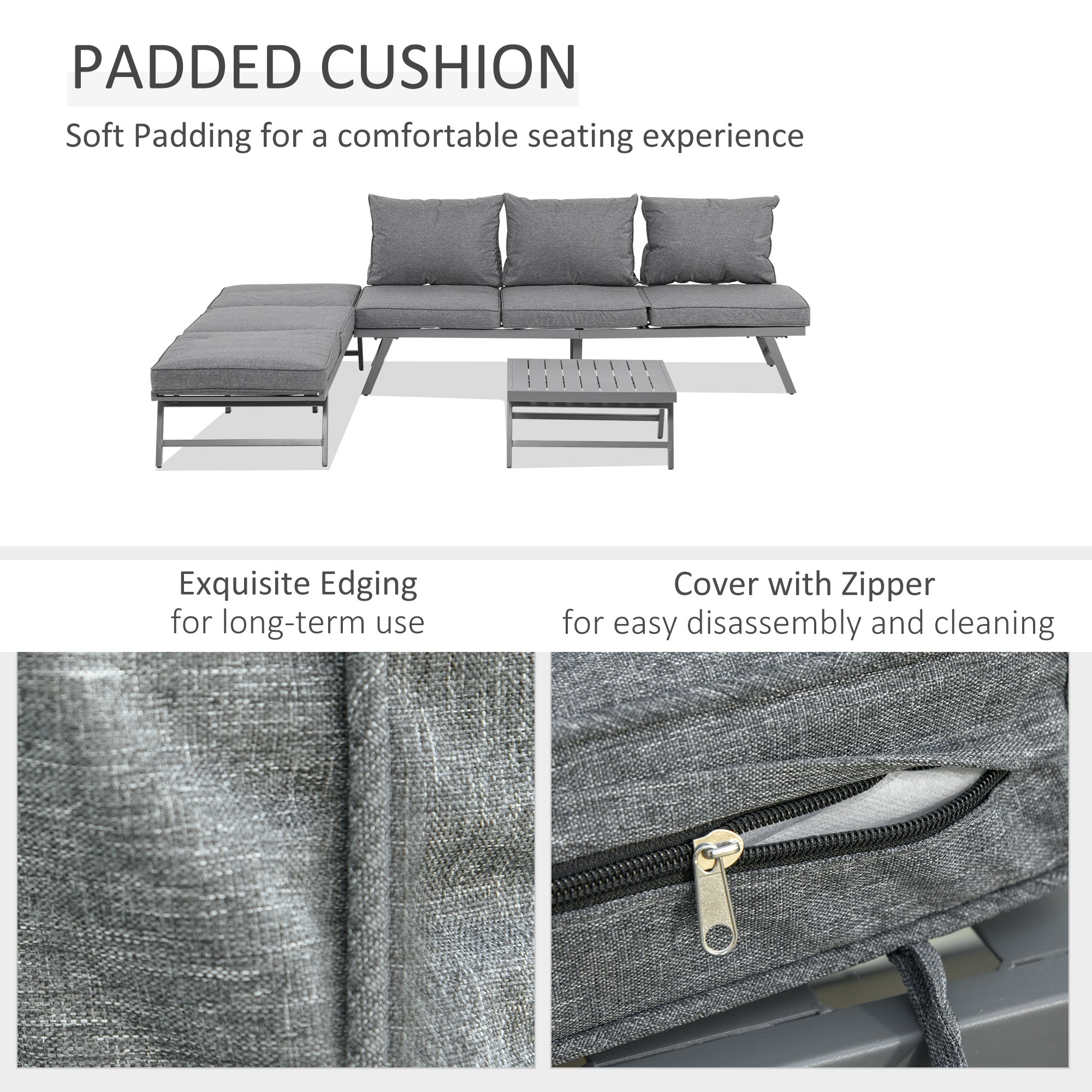 3 Pcs Garden Seating Set Convertible Sofa Lounge Table Padded Cushions Grey