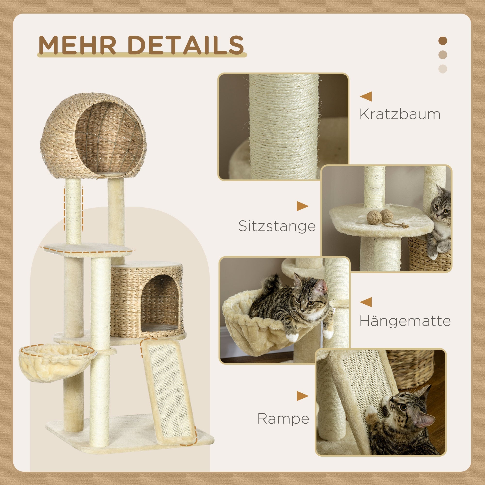 Cat Tree Rattan Cat House, Multiple Platforms, Hammock, Ramp, Anti-tip, Plush Beige