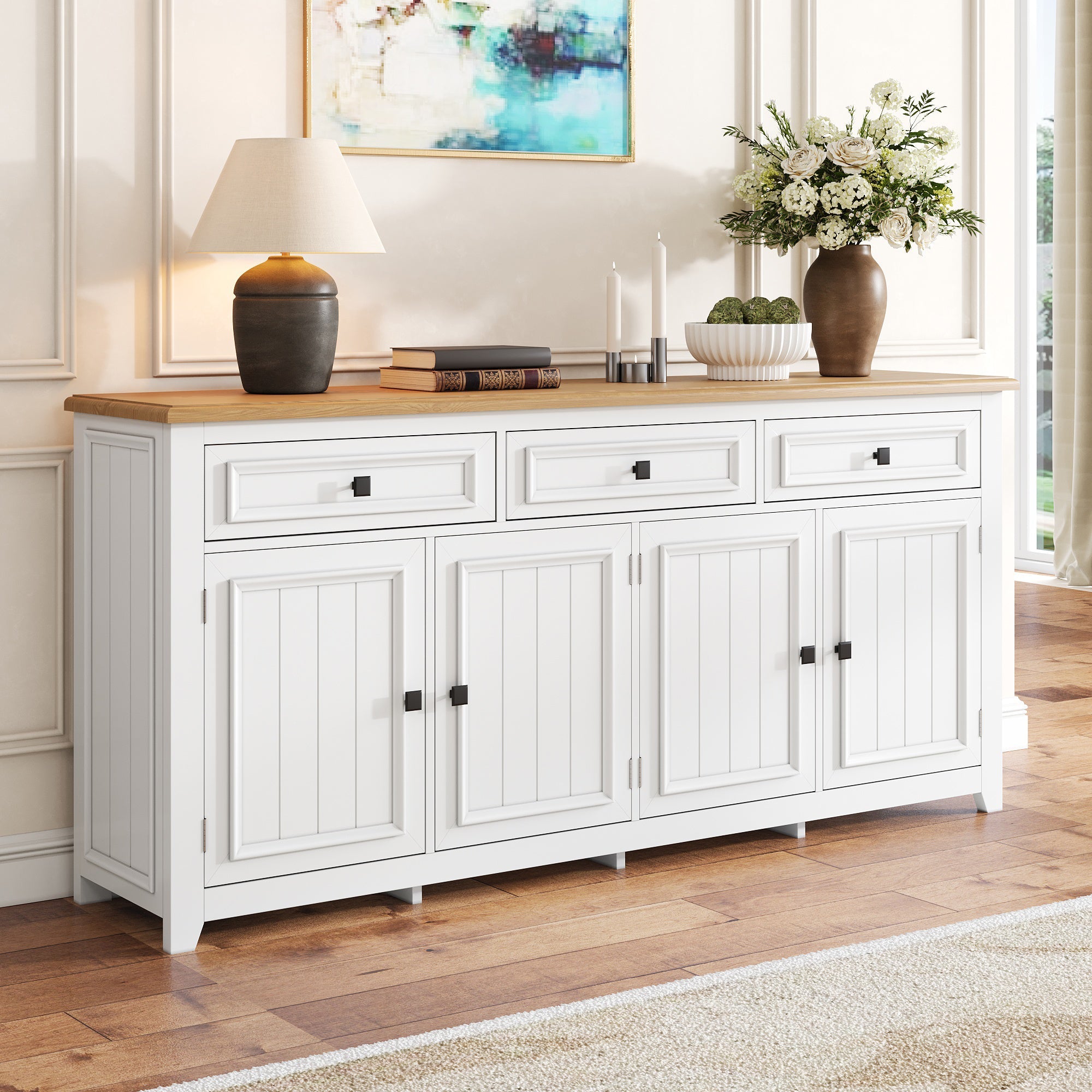 Sideboard Cabinet Buffet Storage Set, 160L x 35W x 76H cm, Modern and Simple White MDF