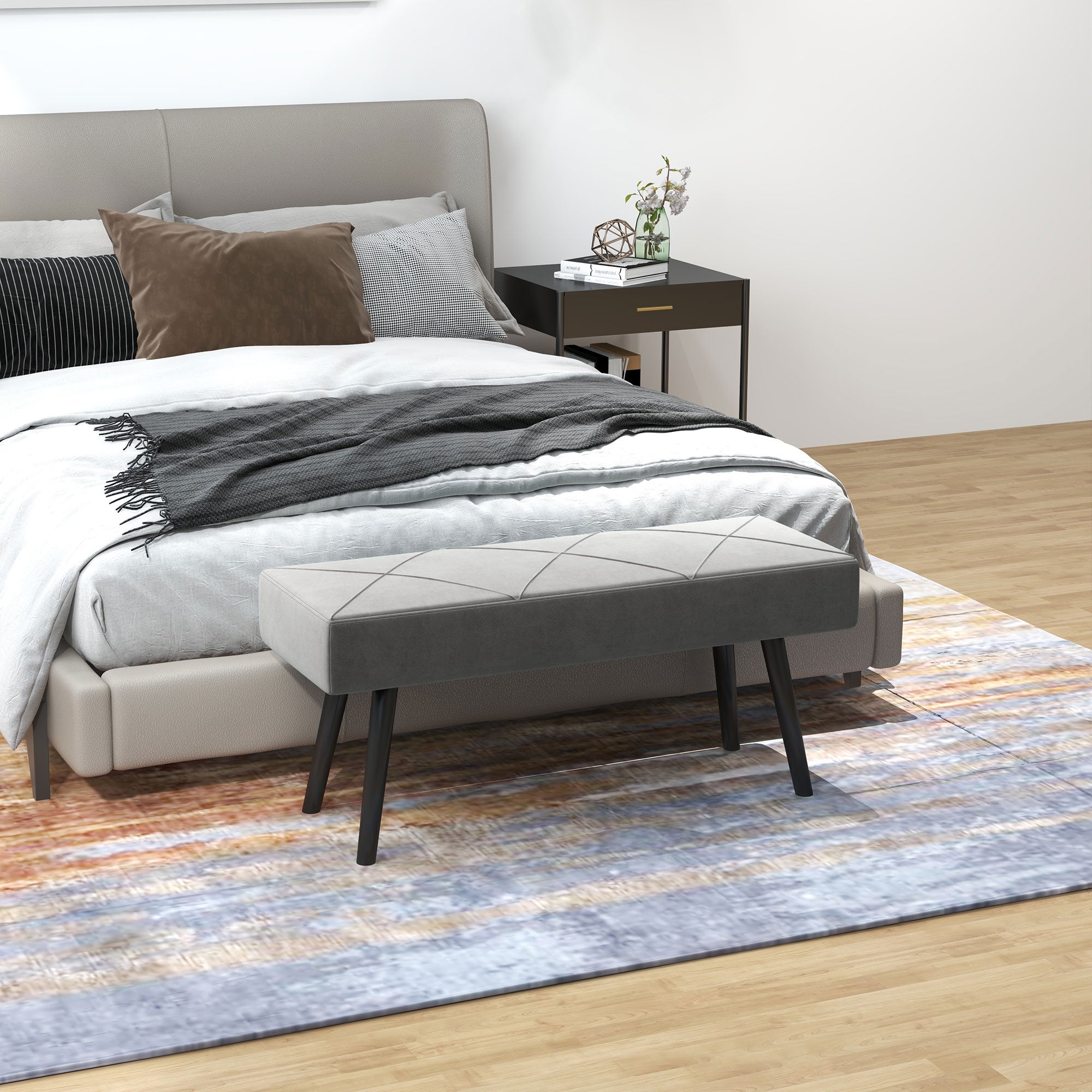 Polsterbank - Samt-Optik, X-Muster, 100x36x45 cm - Grau