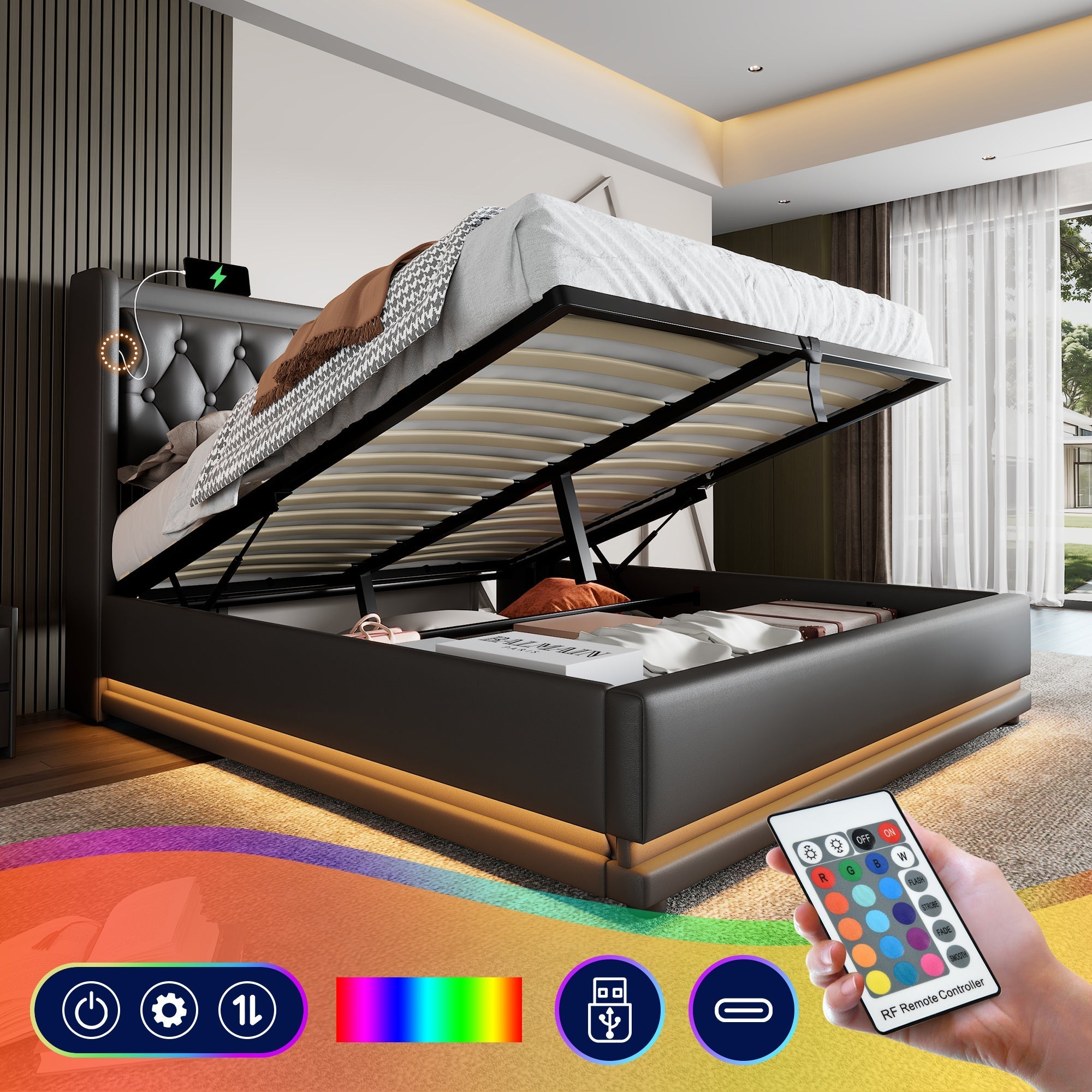 Upholstered Double Bed, 140x200cm Hydraulic Storage with USB Type-C Charging & 3-Sided LED, Black PU