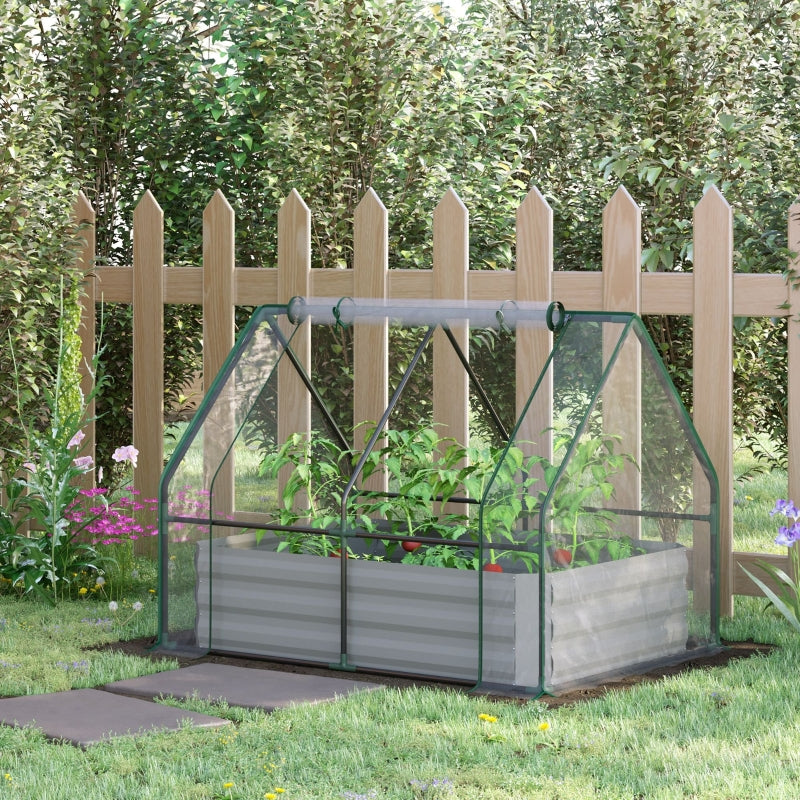 Raised Garden Bed with Greenhouse, Steel Planter Box Roll Up Window Dual Use, Clear
