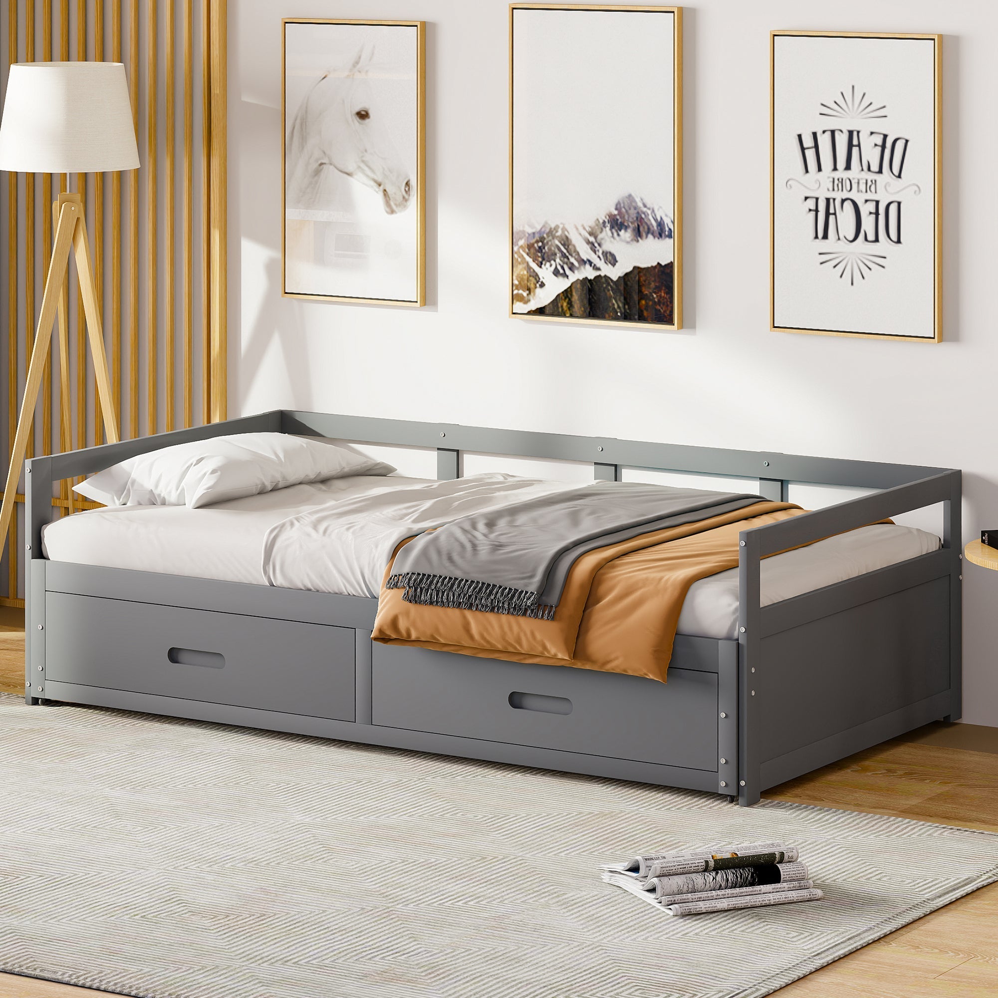 Pull-out Sofa Bed, 90/180*200 cm with Drawers, Pine, Grey