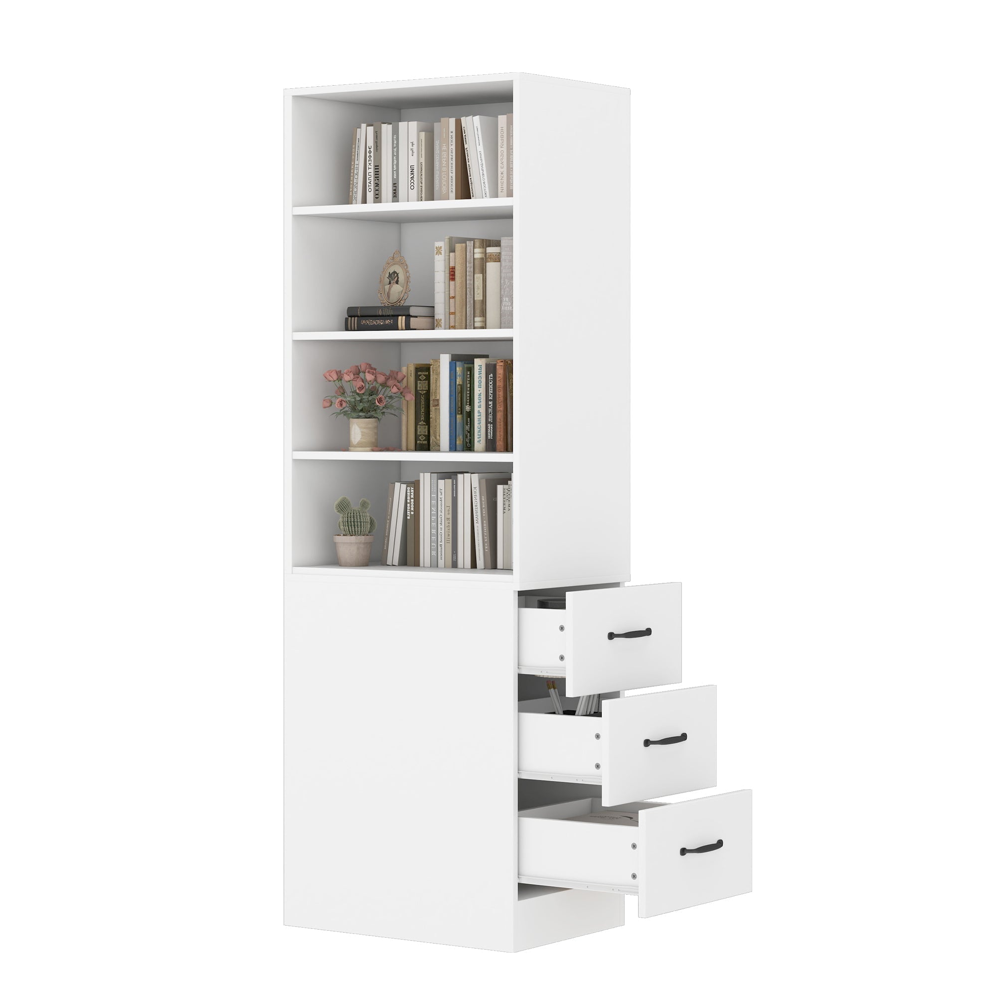 Bookcase, 180cm Extra-Narrow with Side Drawers, Adjustable Shelves, Living Room Tall Cabinet