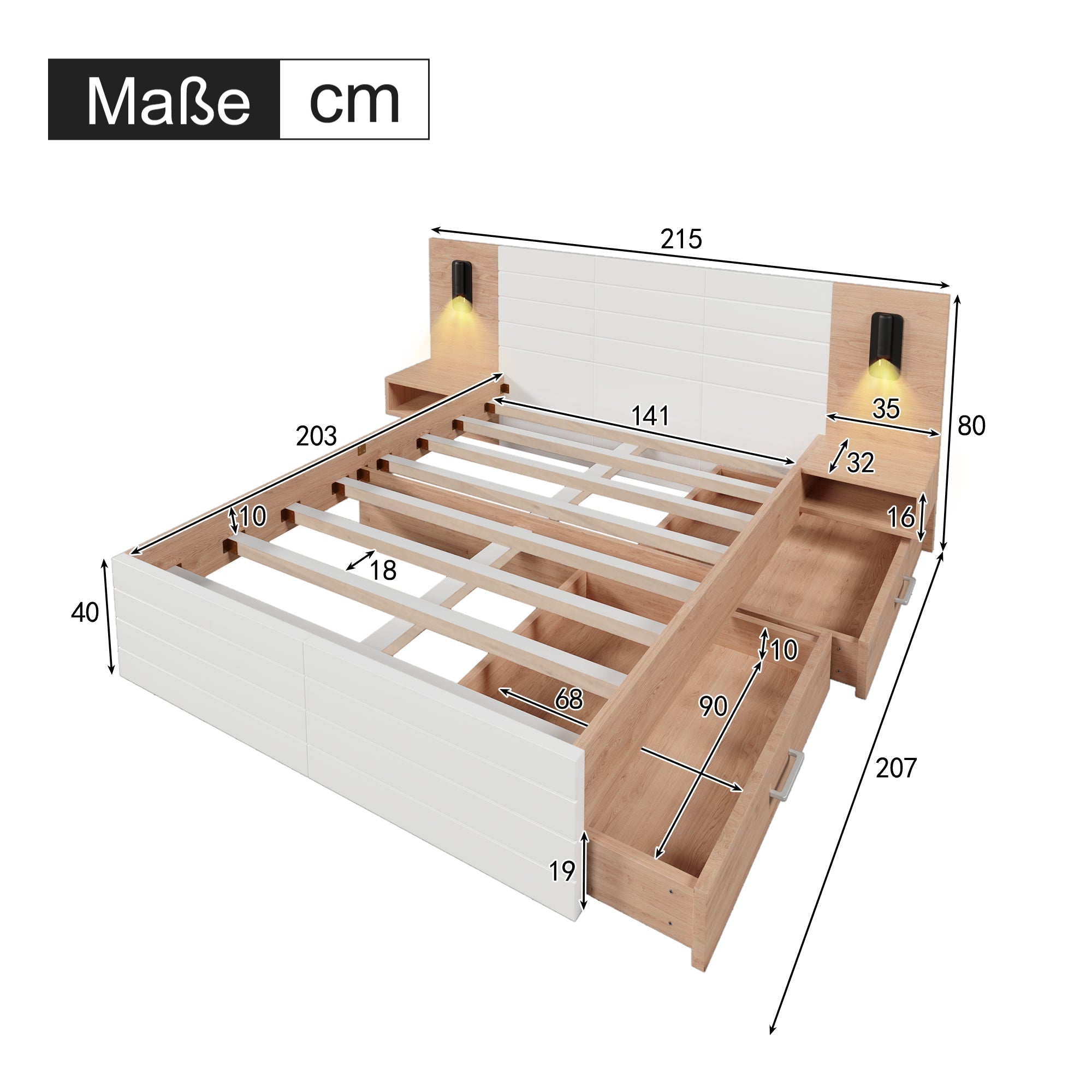 Double Bed 140x200cm, 2 Drawers, USB Reading Light, 2 Bedside Tables, Oak/White Wood