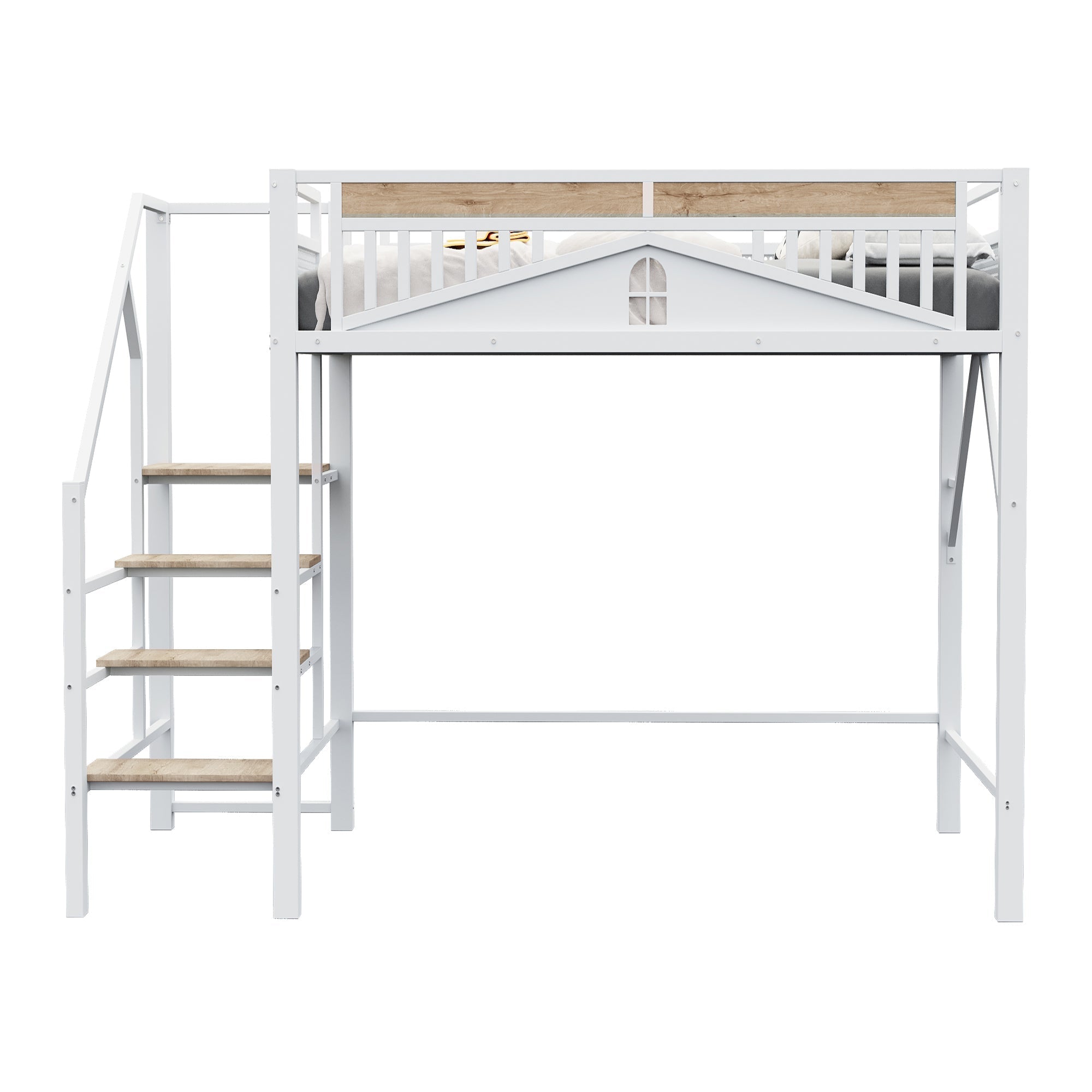 Metal Loft Bed, 140x200cm with Window Design, Safety Ladder, Storage, White