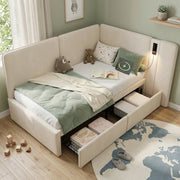 Upholstered Daybed with 2 Drawers, USB Charging Port and Reading Lamp, 90x200cm, Beige Velvet
