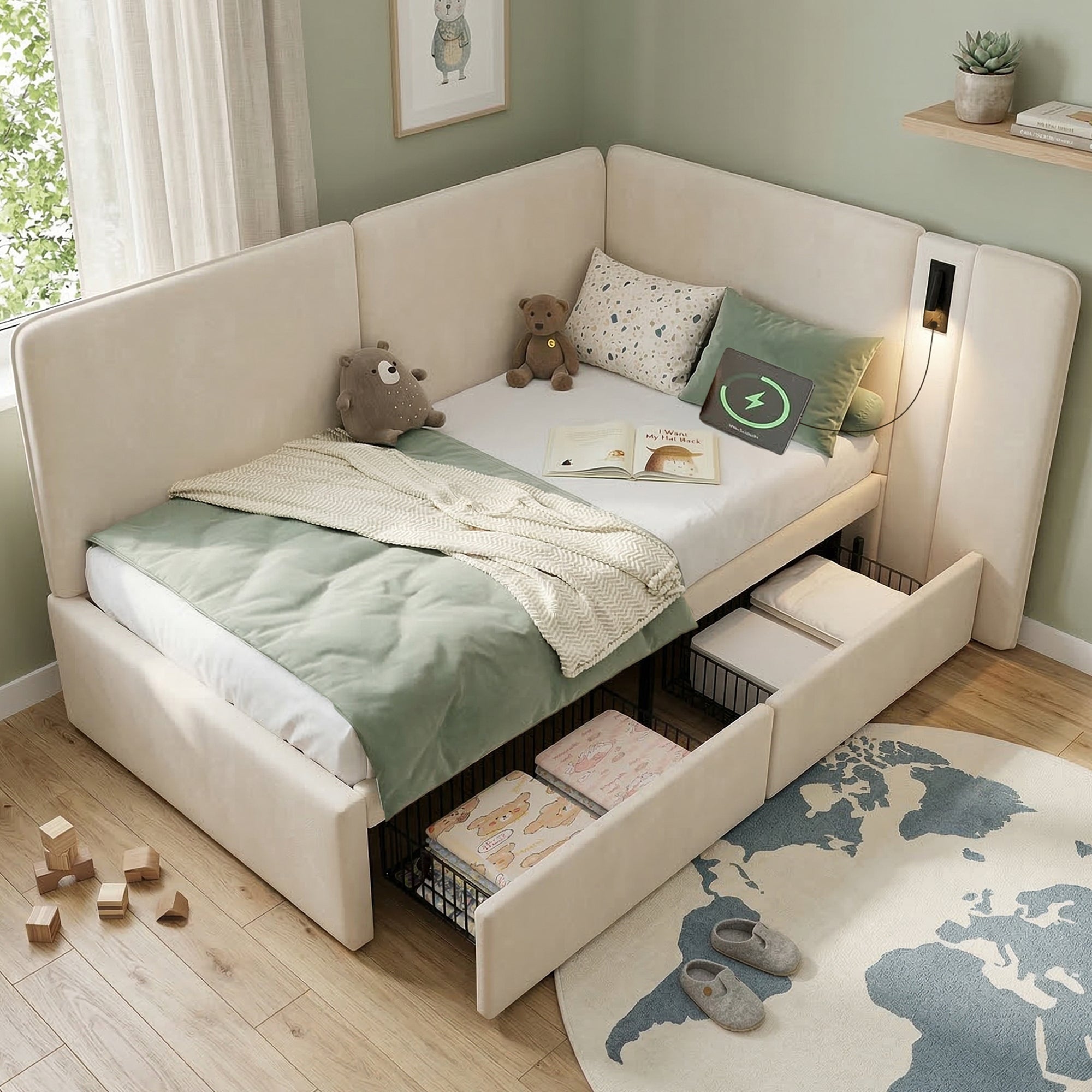 Upholstered Daybed with 2 Drawers, USB Charging Port and Reading Lamp, 90x200cm, Beige Velvet