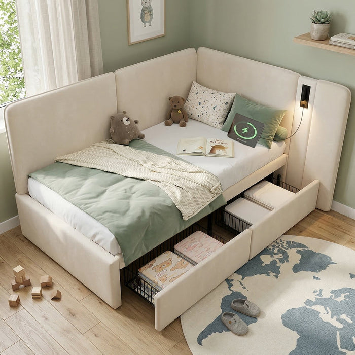 Upholstered Daybed with 2 Drawers, USB Charging Port and Reading Lamp, 90x200cm, Beige Velvet