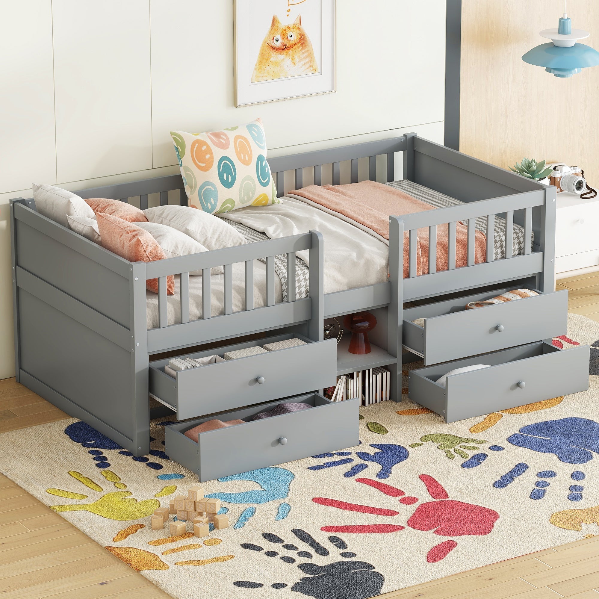Mid-height Bed 90x200cm 4 Drawers Ladder - Pine Wood Grey