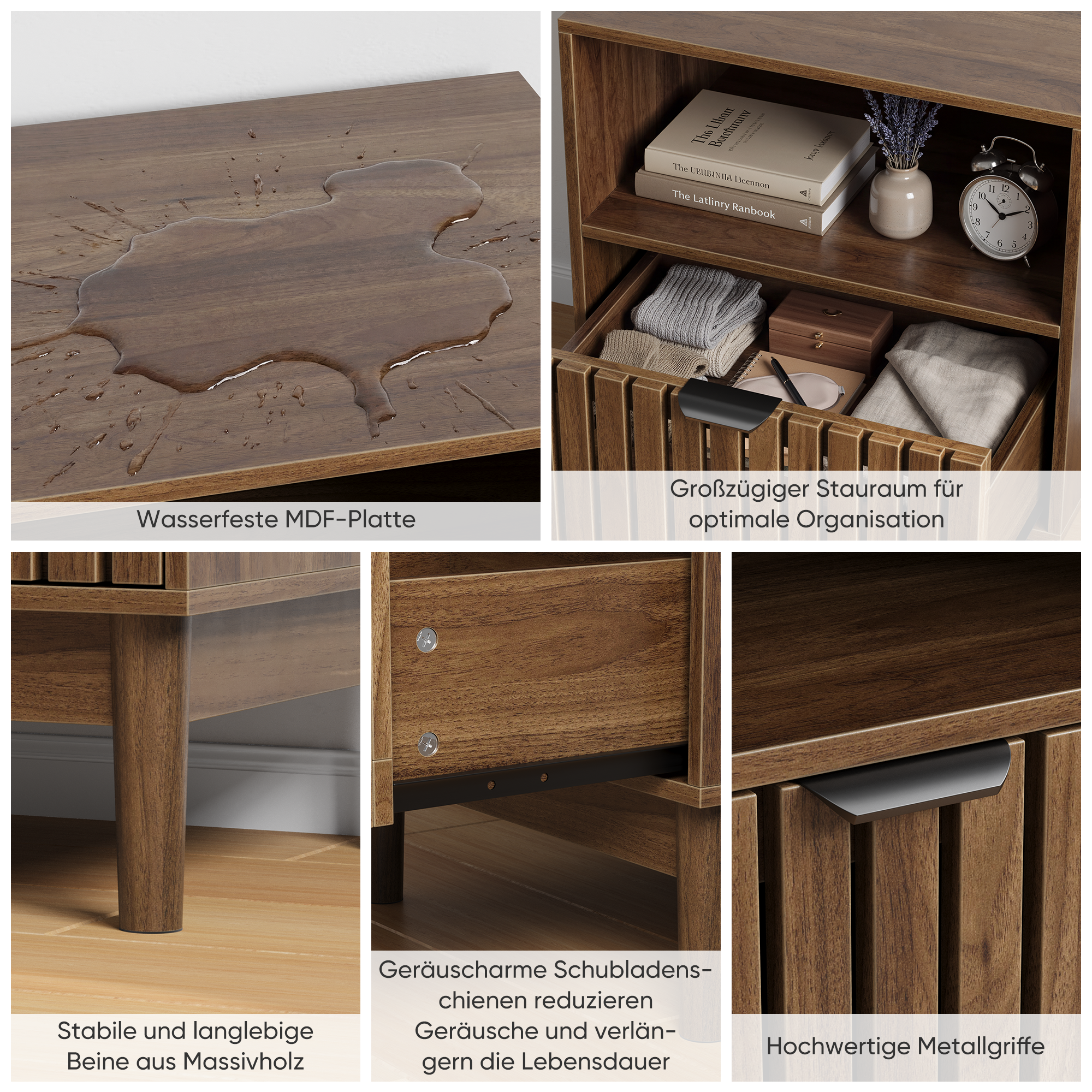 Modern Nightstand with Slatted Base and Drawer, 45x39x56.5cm, Walnut Wood Color