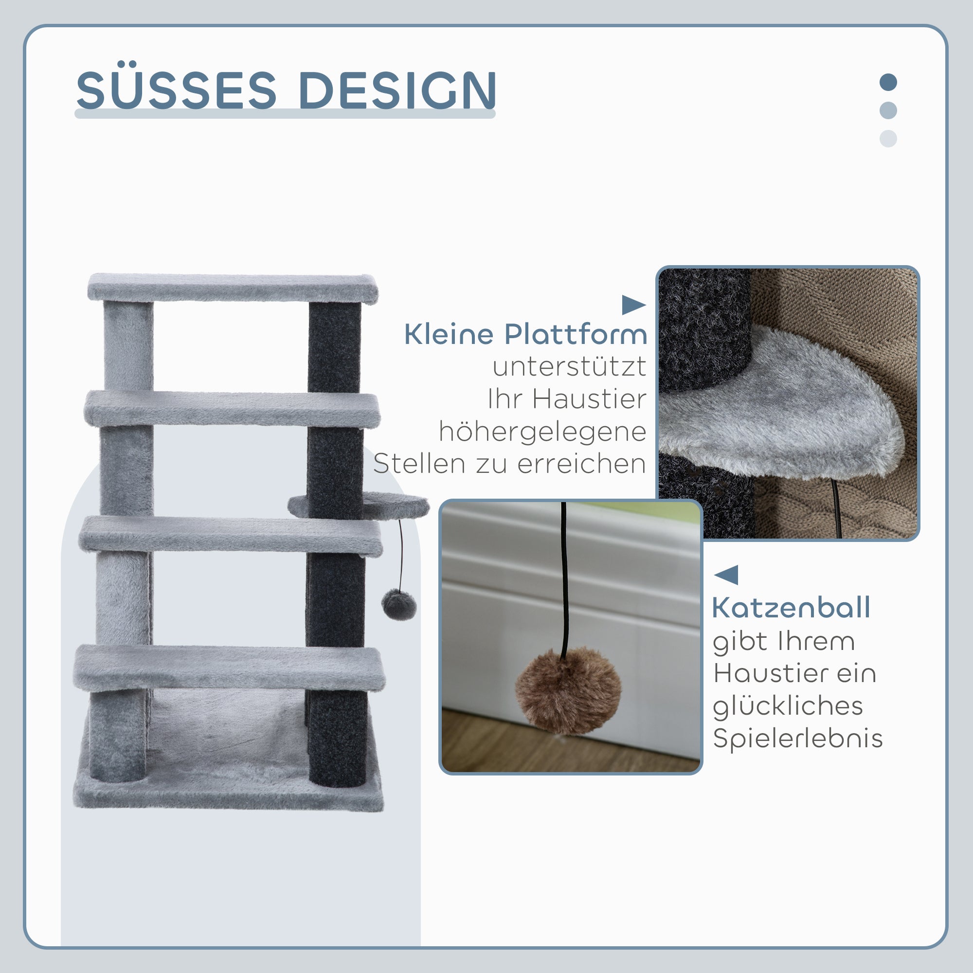 Katzentreppe, 64cm 4 Stufen mit Spielball, Jute und Plüsch, Grau