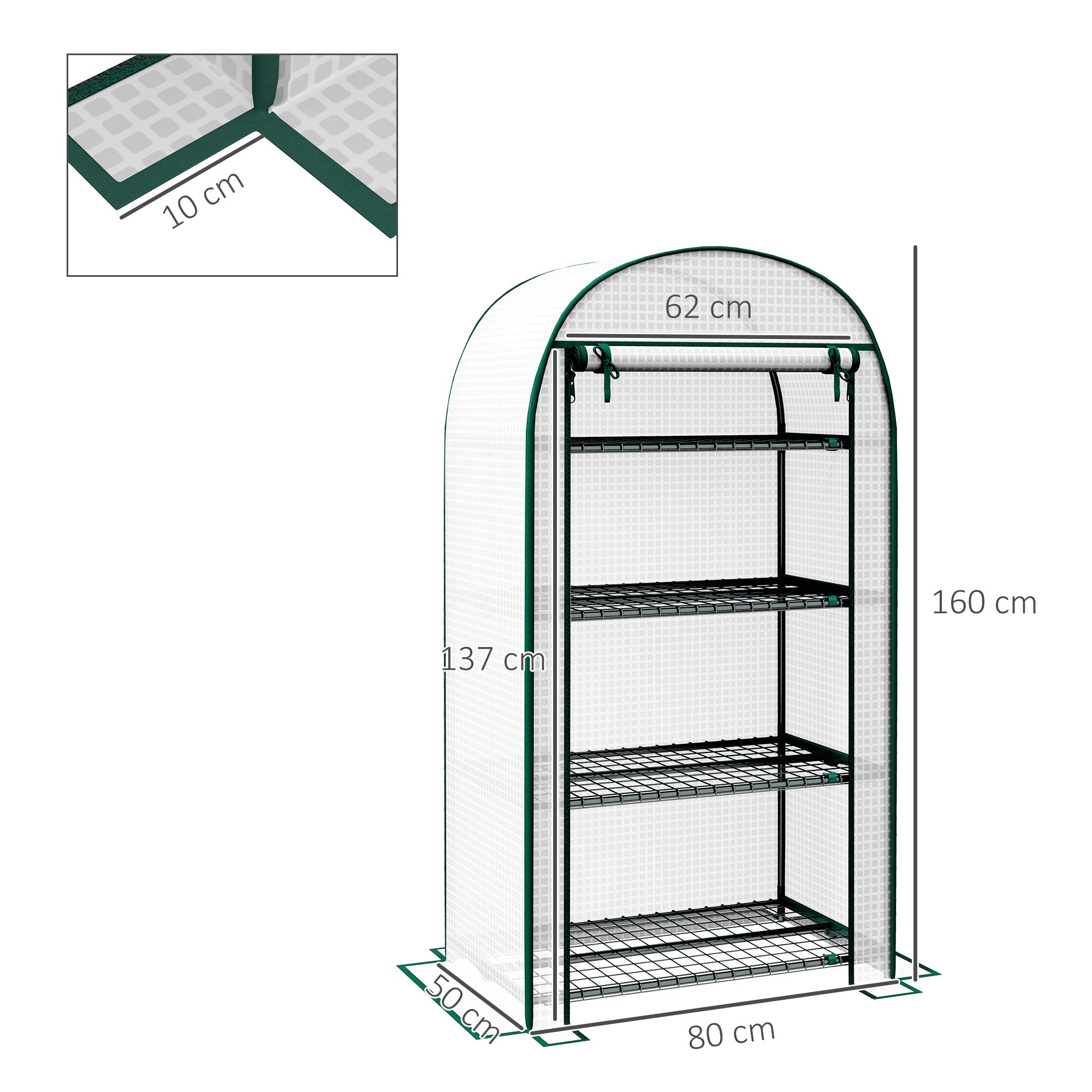4 Tier Mini Greenhouse, Portable with Storage Shelf and Roll-Up Zipped Door, White