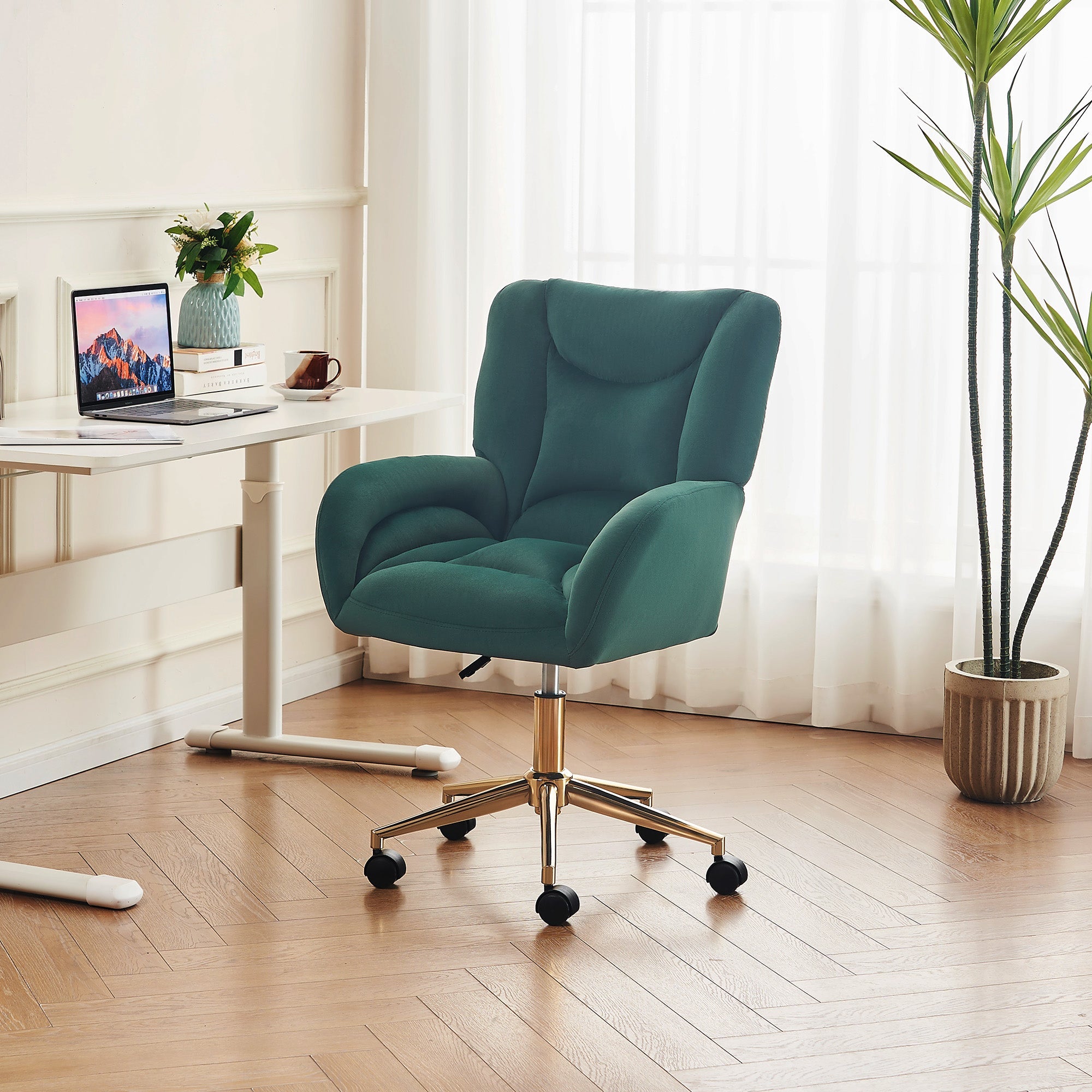 Full KD Swivel Chair, Height-Adjustable Home Office with Gold Legs, Green Velvet Fabric