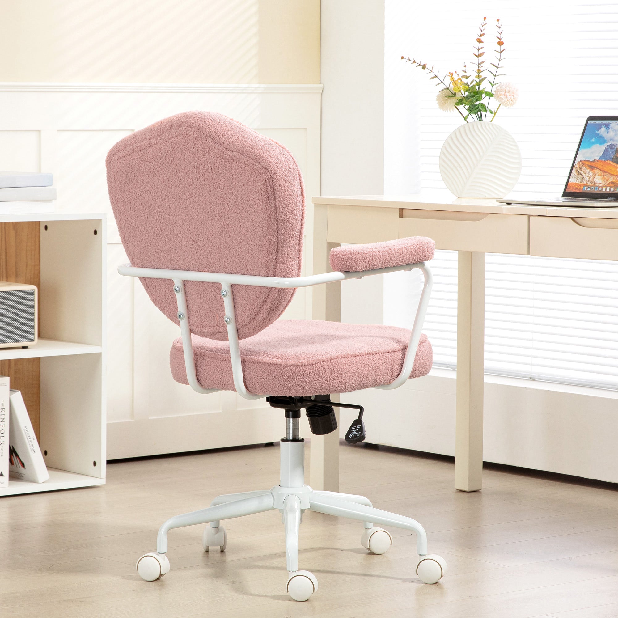 Bürostuhl, ergonomischer Schreibtischstuhl mit Wippfunktion und Drehfunktion, Pinker Teddyfleece