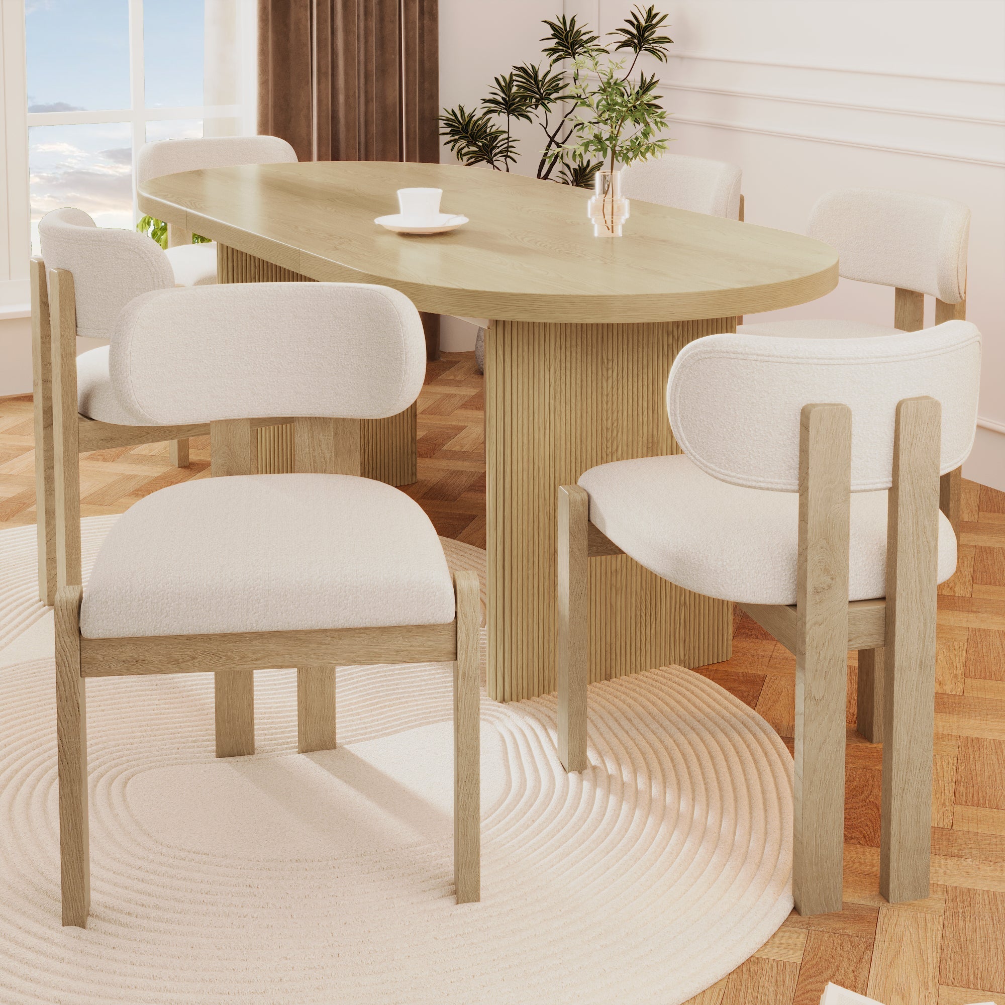 Solid Wood Dining Chairs Set of 6, Modern Bouclé Seating, Natural Color