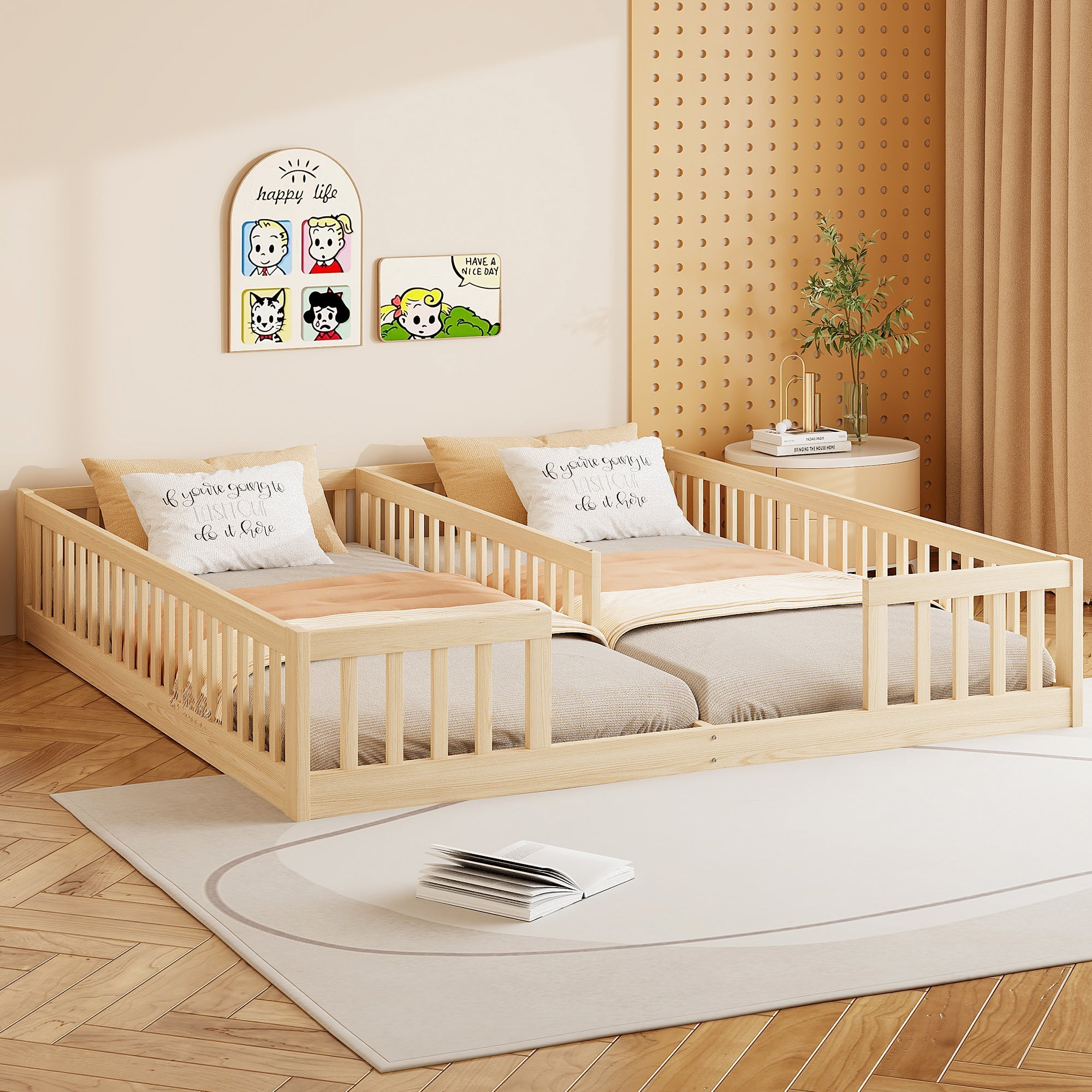 Panel Bed with Guardrails and Slatted Base, 90 x 200 cm, Pine Wood Natural
