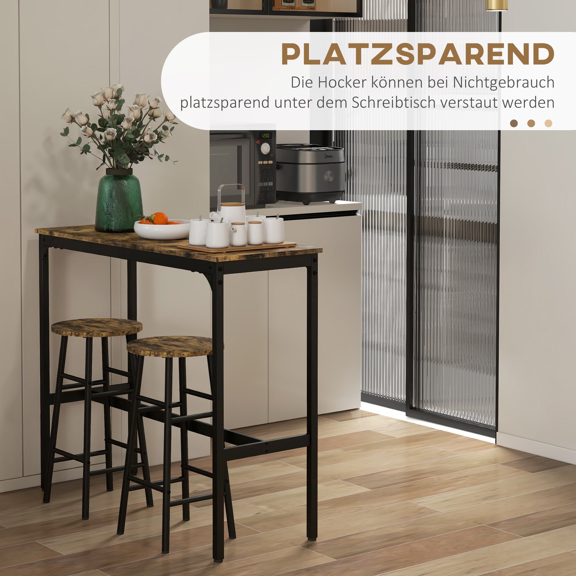 Bar Table Set, 3-Piece with 2 Bar Stools, Steel, Rustic Brown