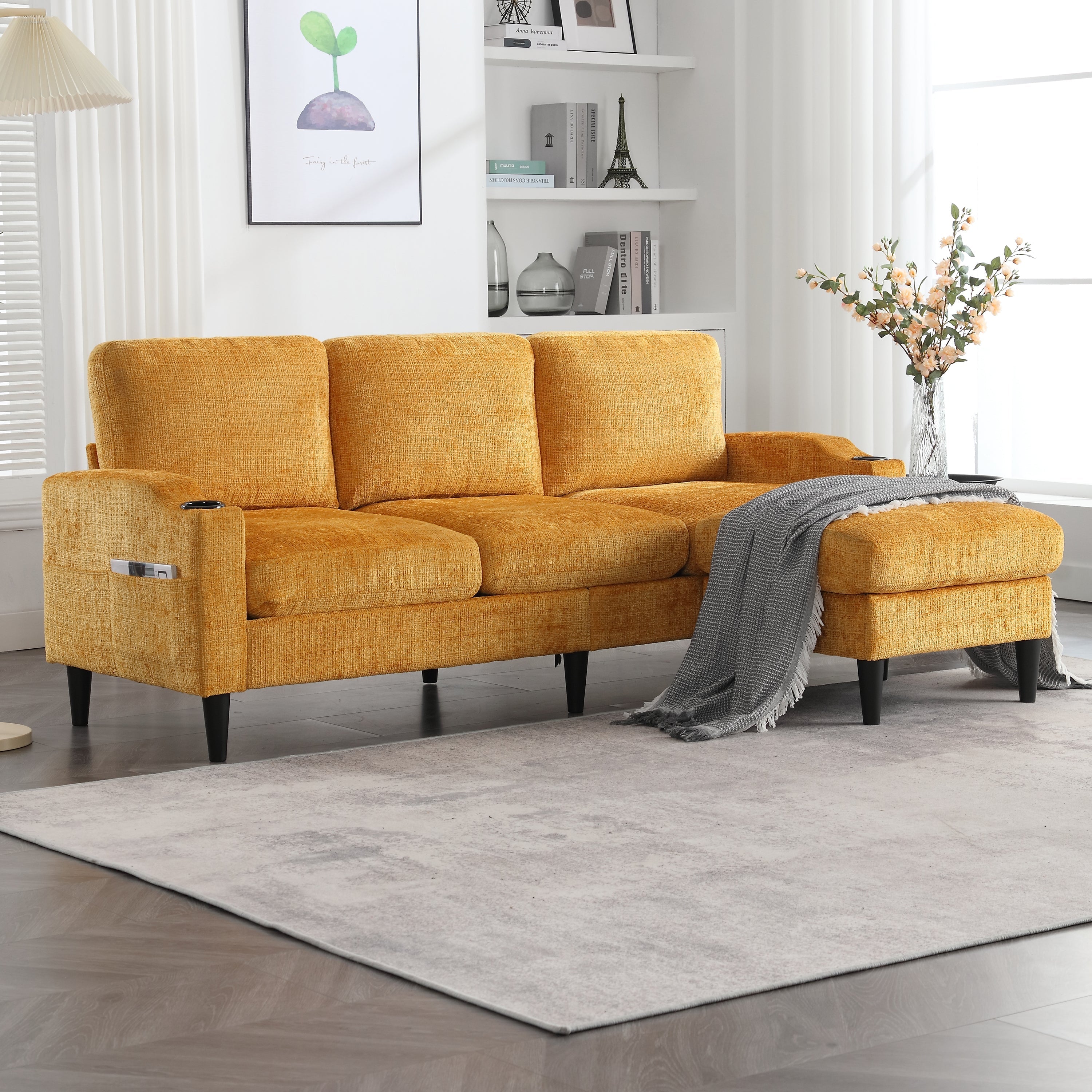Sofa, 4-Seater with Footstool, Storage & Cupholder, Velvet
