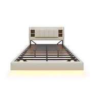 Upholstered Bed 160x200cm, USB Socket, LED Light, Reversible Headboard Storage, Linen Beige