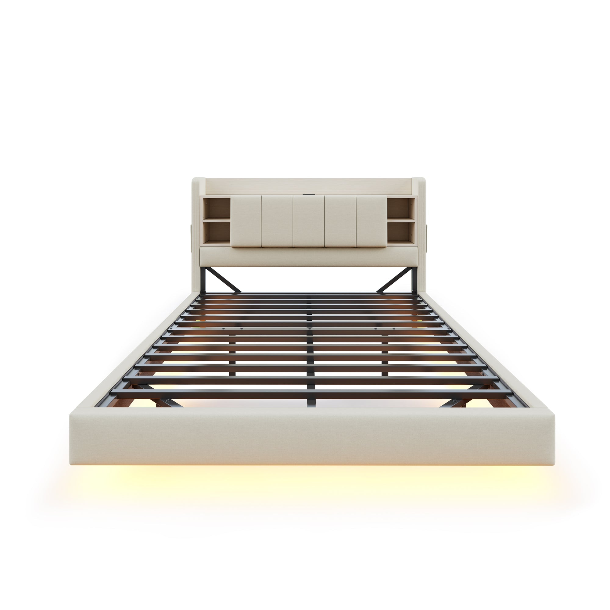 Upholstered Bed 160x200cm, USB Socket, LED Light, Reversible Headboard Storage, Linen Beige