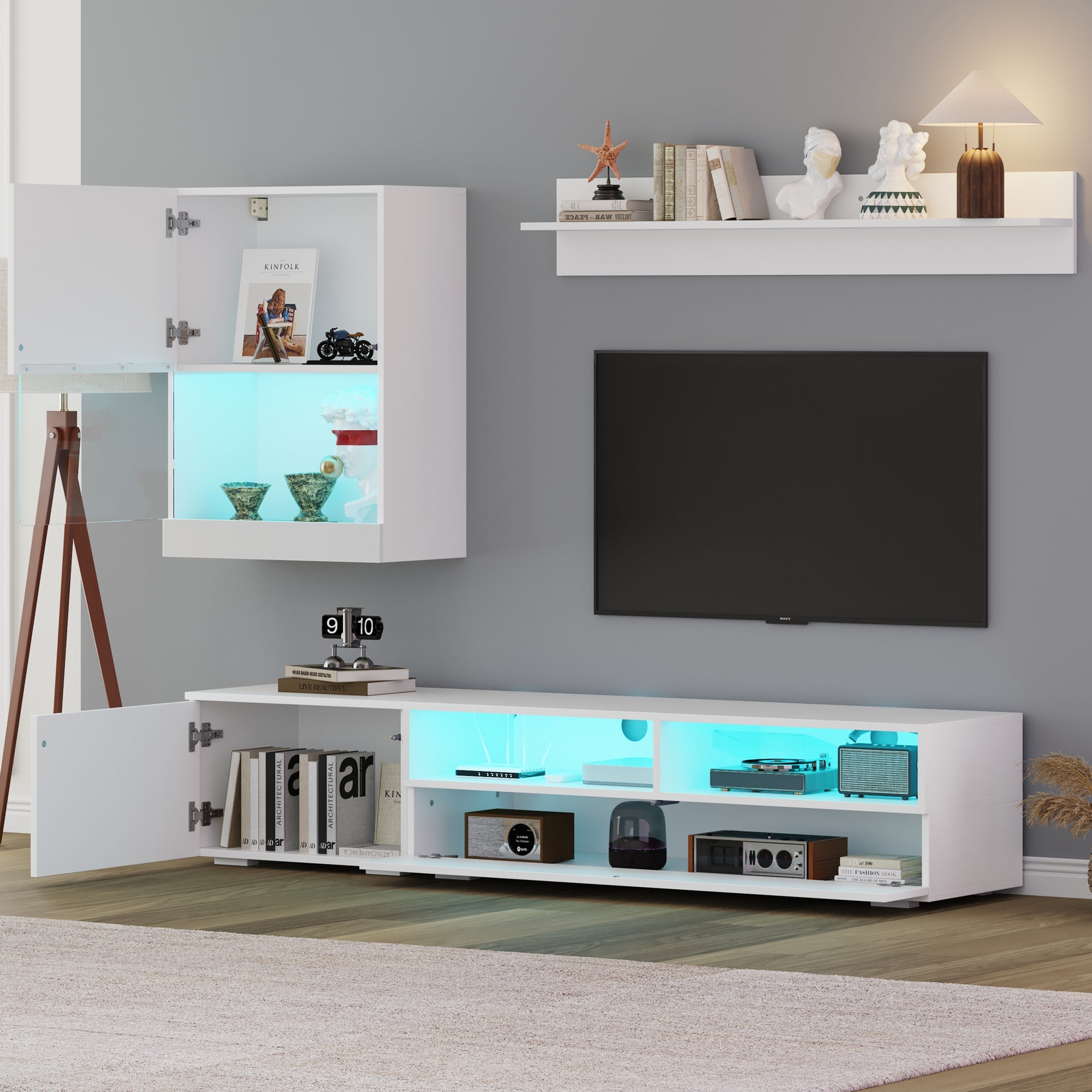 TV Wall Unit Set with Display Cabinet, 3-Piece Media Unit, LED High Gloss, White