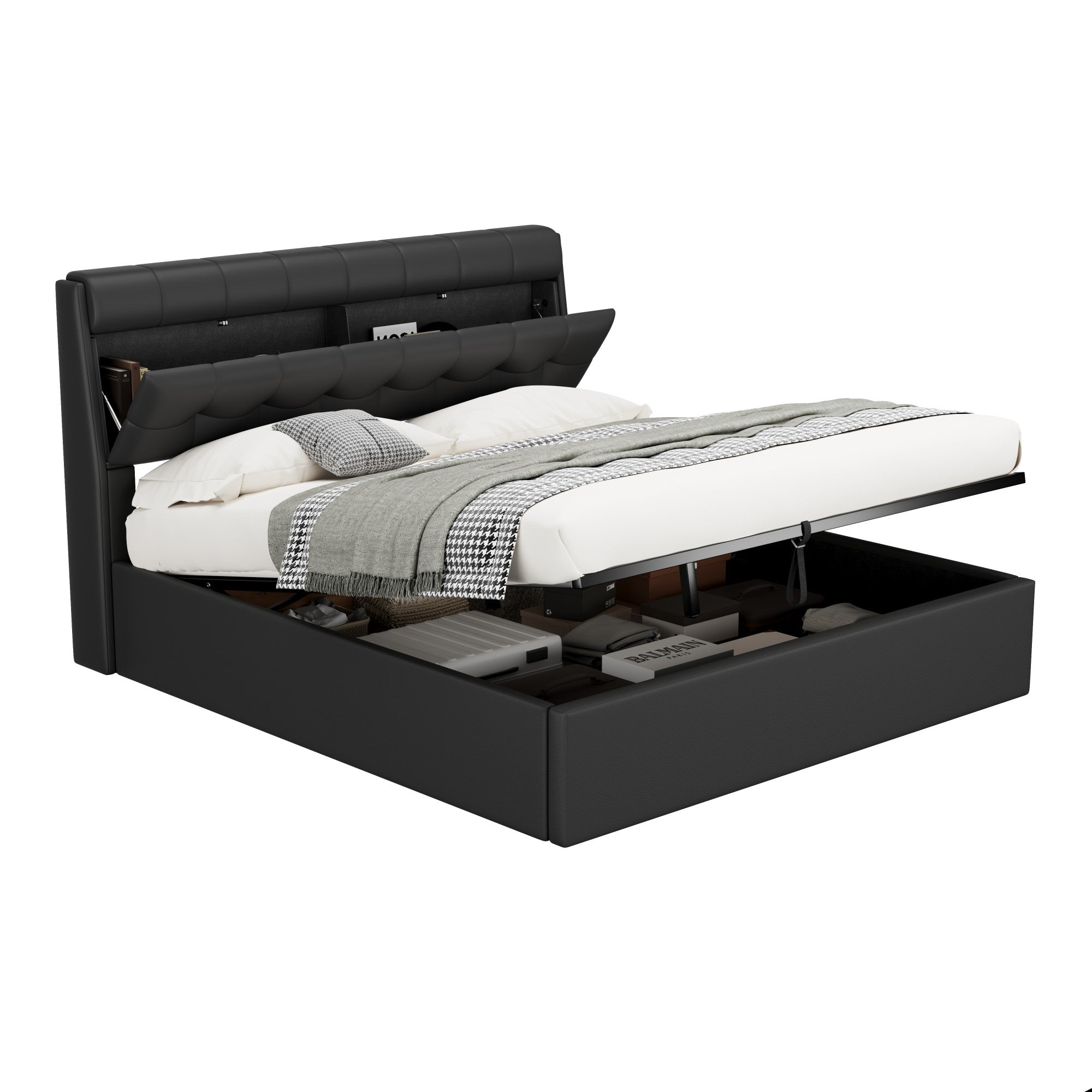 Upholstered Bed 160x200cm Hydraulic Storage Headboard Slatted Base PU - Black