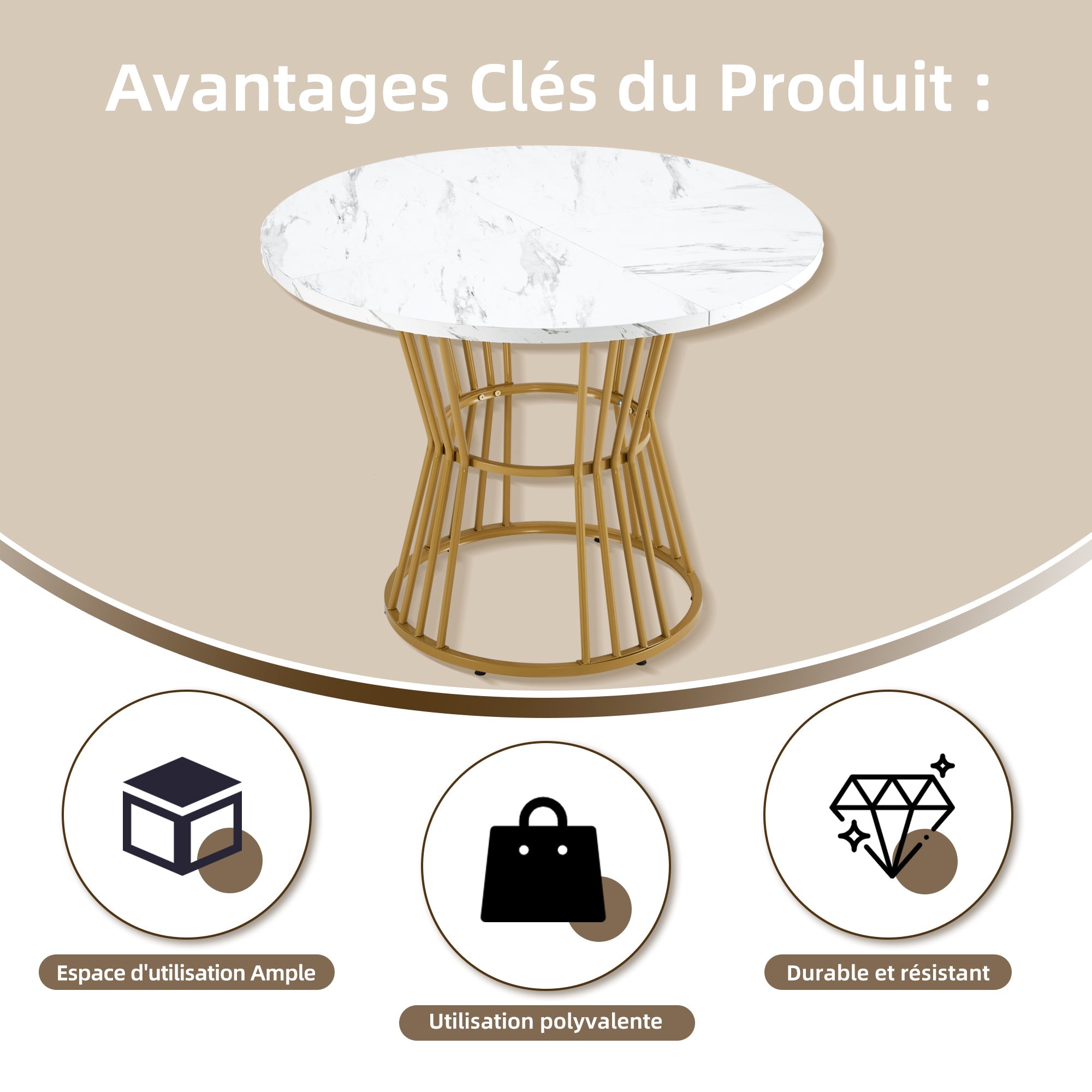 5-Piece Dining Set Round 100cm Gold Metal Legs White MDF Dark Grey Velvet