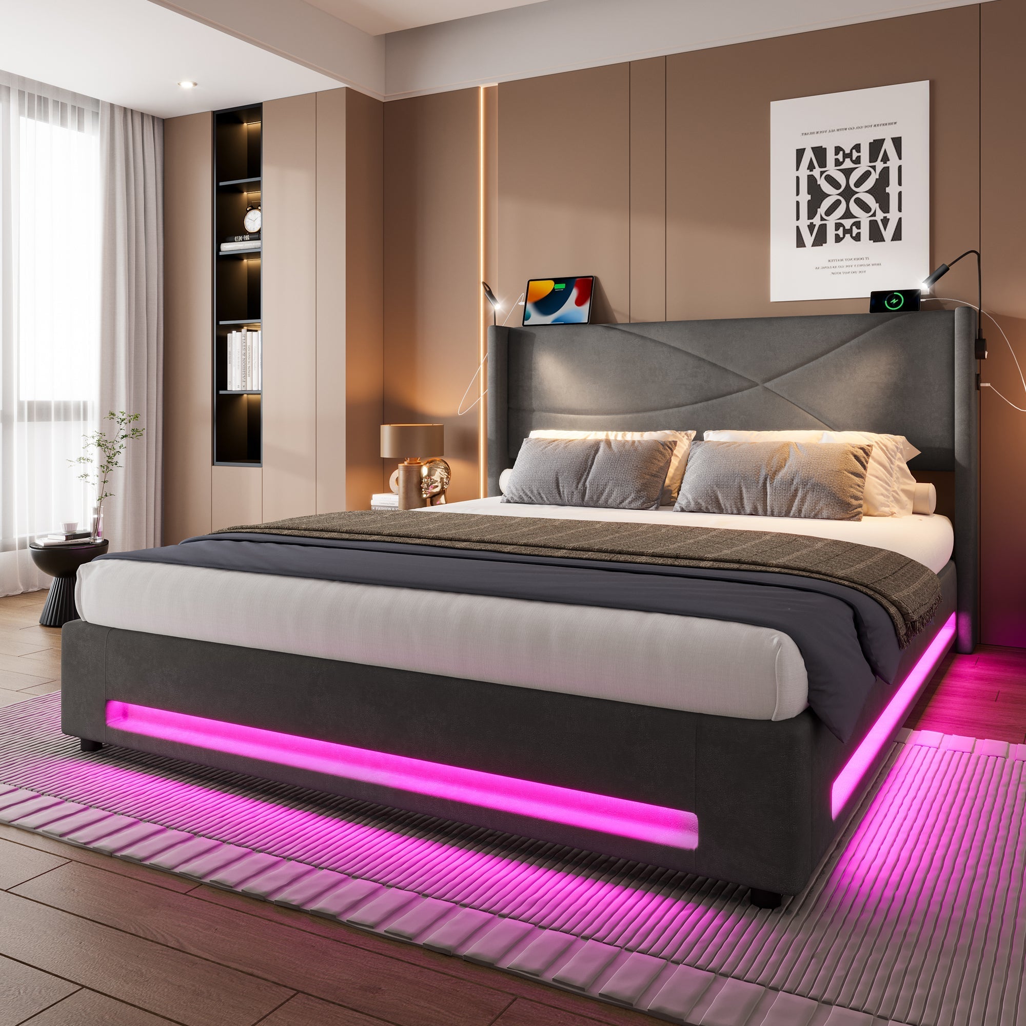 Modern Bed Frame, Reading Lights, LED, Hydraulic Storage Base, USB Ports, Dark Gray