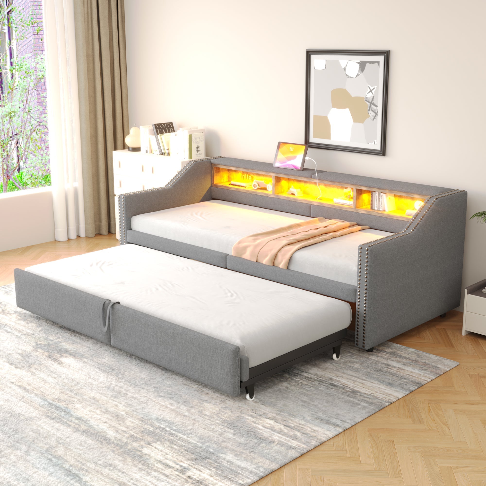 Upholstered Sofa Bed Extendable 90/180x200cm Storage LED USB - Light Grey