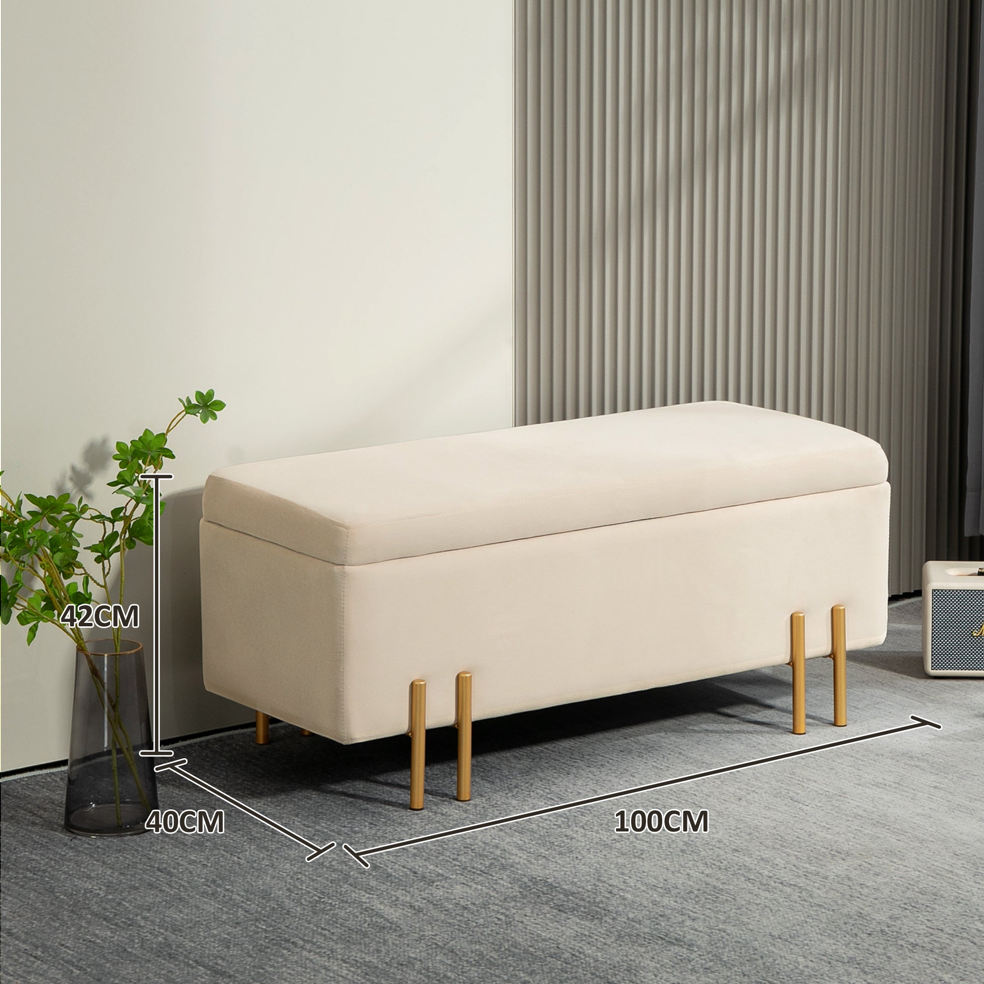 Bench with storage, upholstered velvet, wooden legs, 100 x 40 x 42 cm, beige