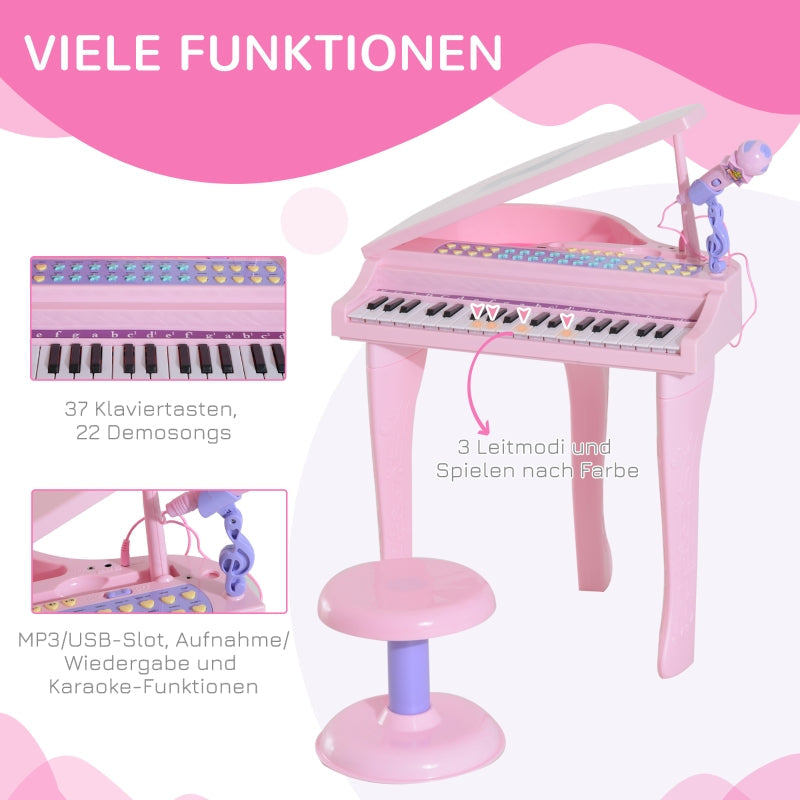 Children's Keyboard with 37 Keys, Microphone, LED Learning Mode, Recording Function, Pink