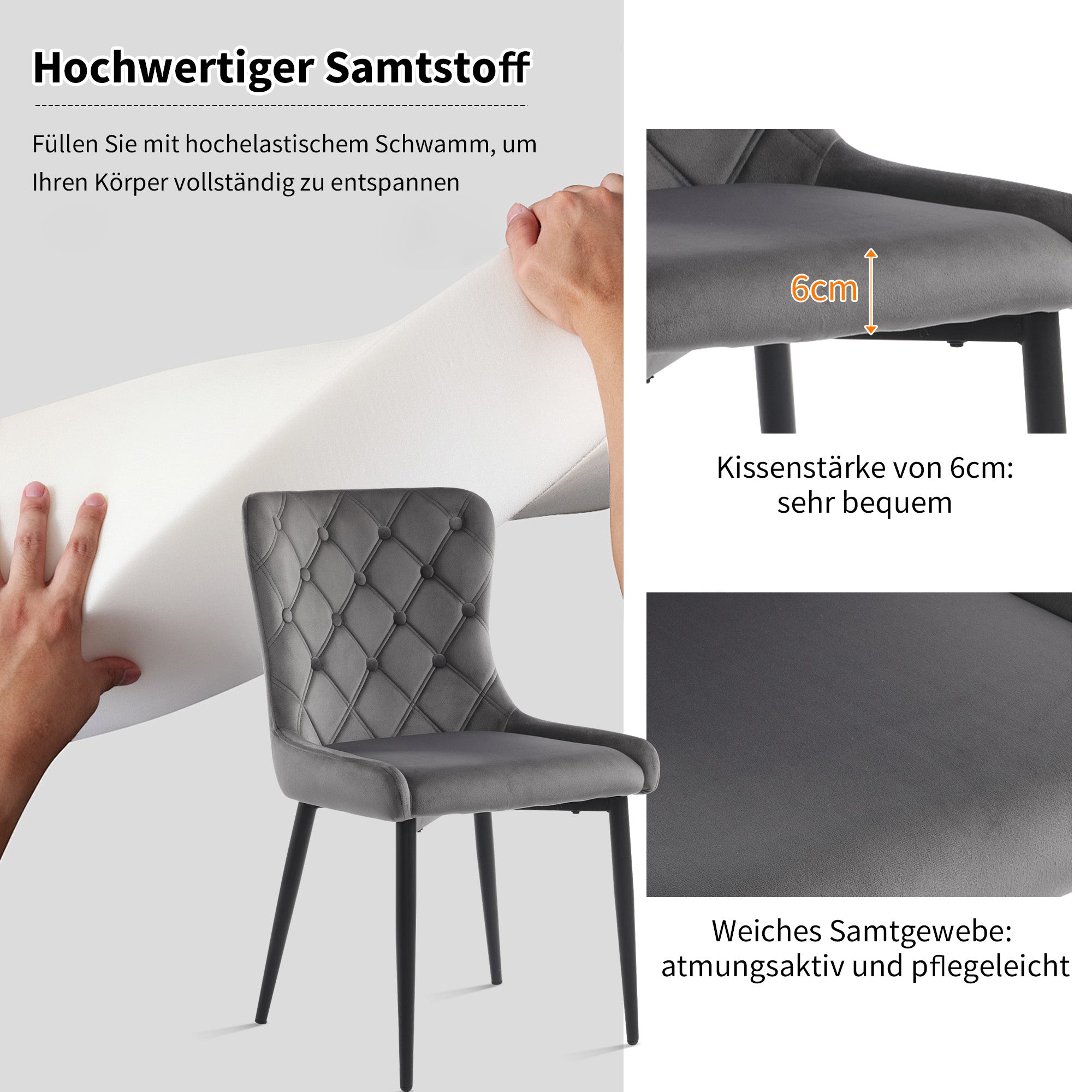 Dining Chairs with Backrest (Set of 2), Velvet Upholstered, Metal, Ergonomic, Dark Gray