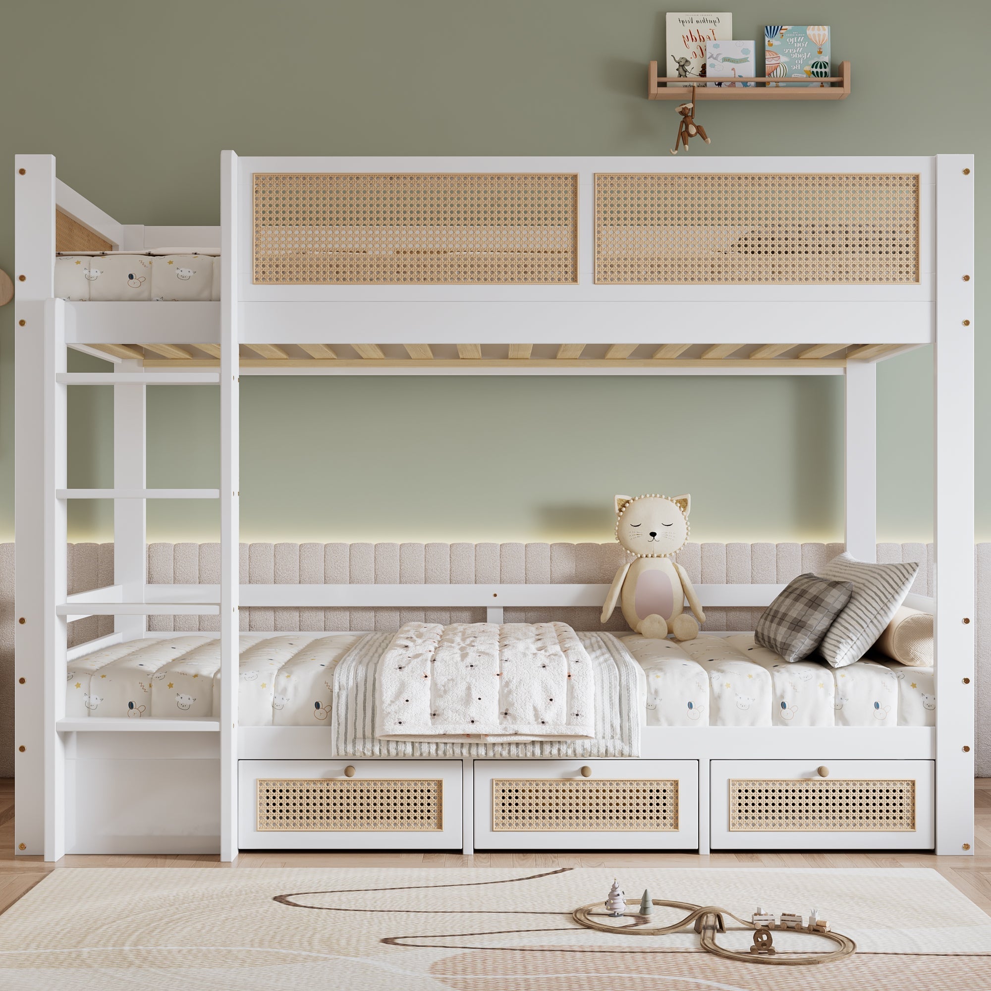 Bunk Bed, Rattan Fence with Drawers & Safe Rails, Pine + MDF + Plywood, White + Natural, 90x200cm